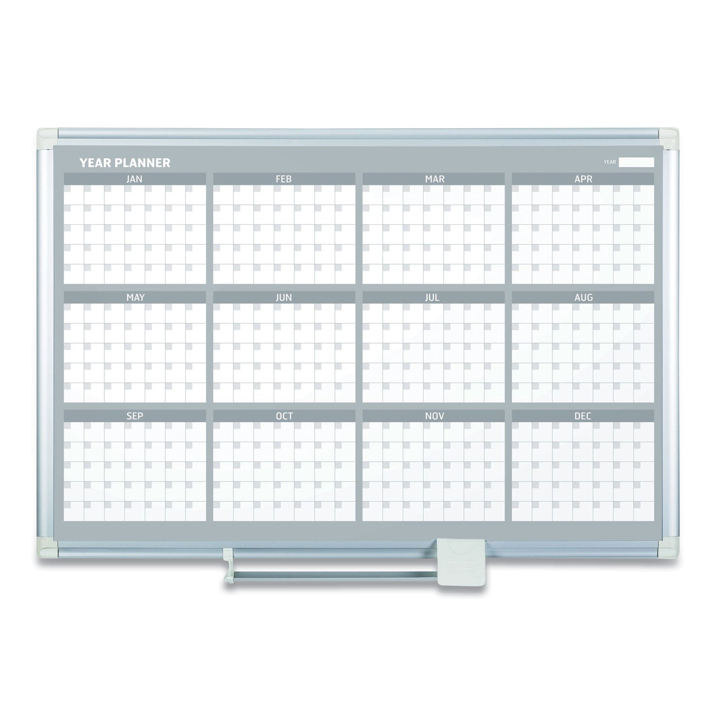 Magnetic Dry Erase Calendar Board, 12-Month, 48 x 36, White Surface, Silver Aluminum Frame - 