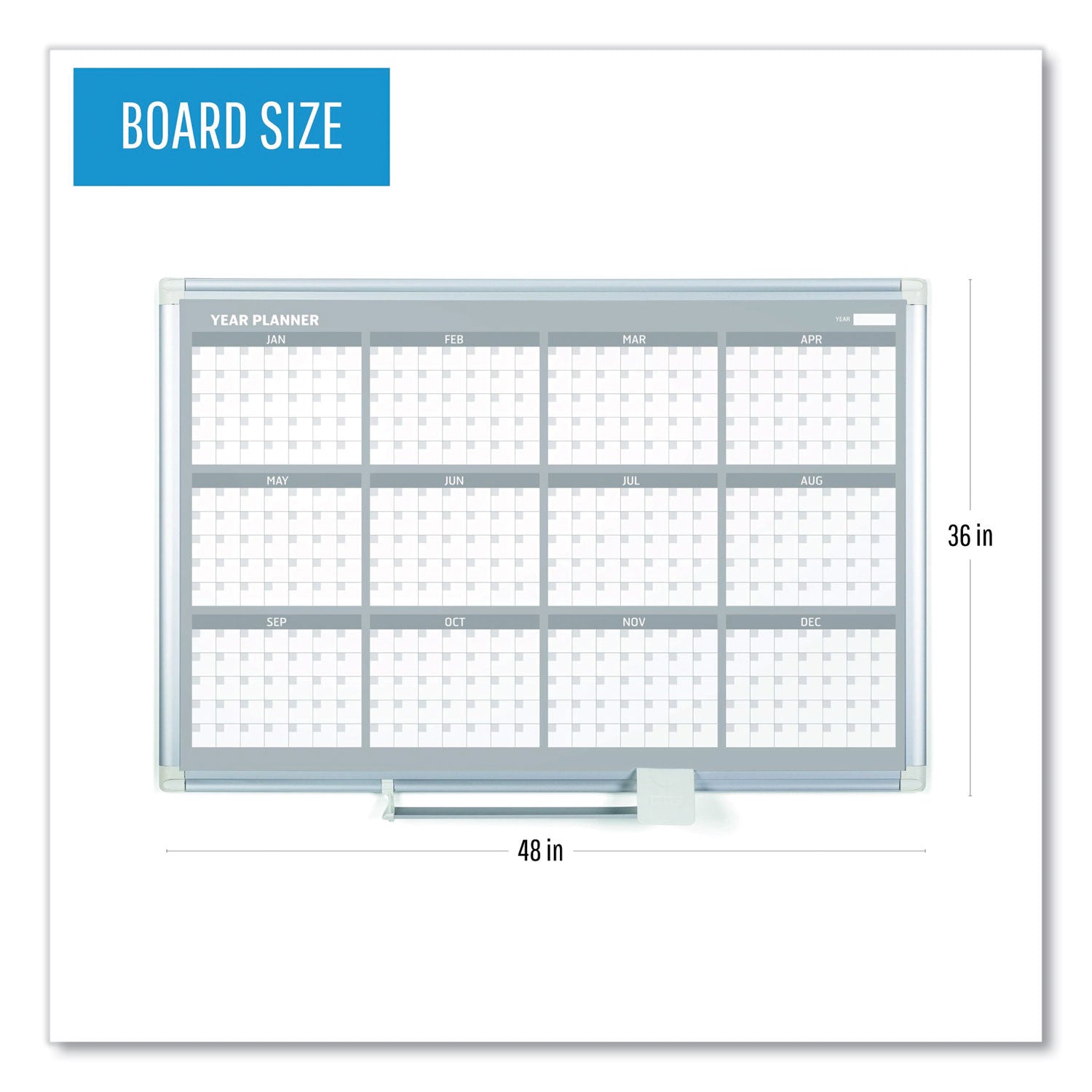 Magnetic Dry Erase Calendar Board, 12-Month, 48 x 36, White Surface, Silver Aluminum Frame - 