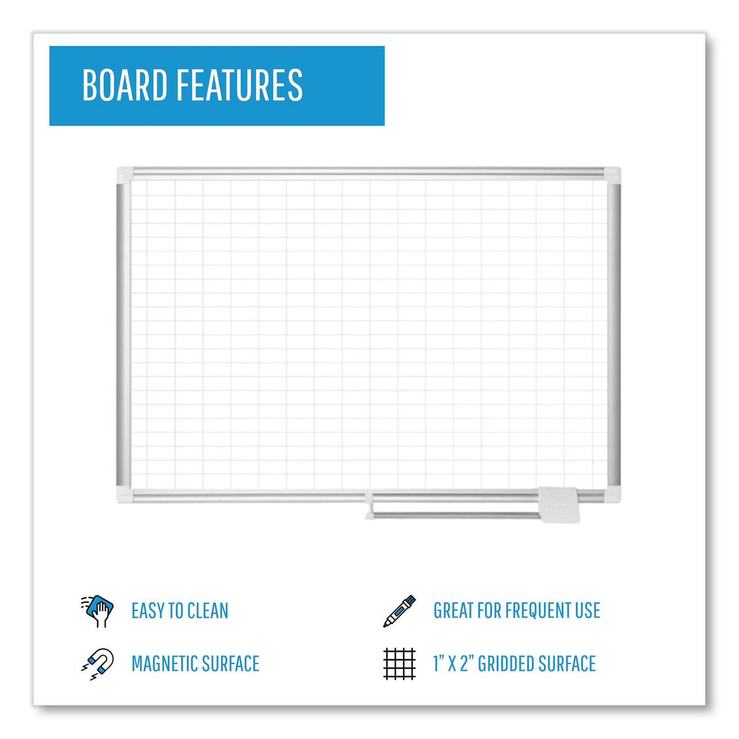 Gridded Magnetic Steel Dry Erase Planning Board, 1 x 2 Grid, 72 x 48, White Surface, Silver Aluminum Frame - 