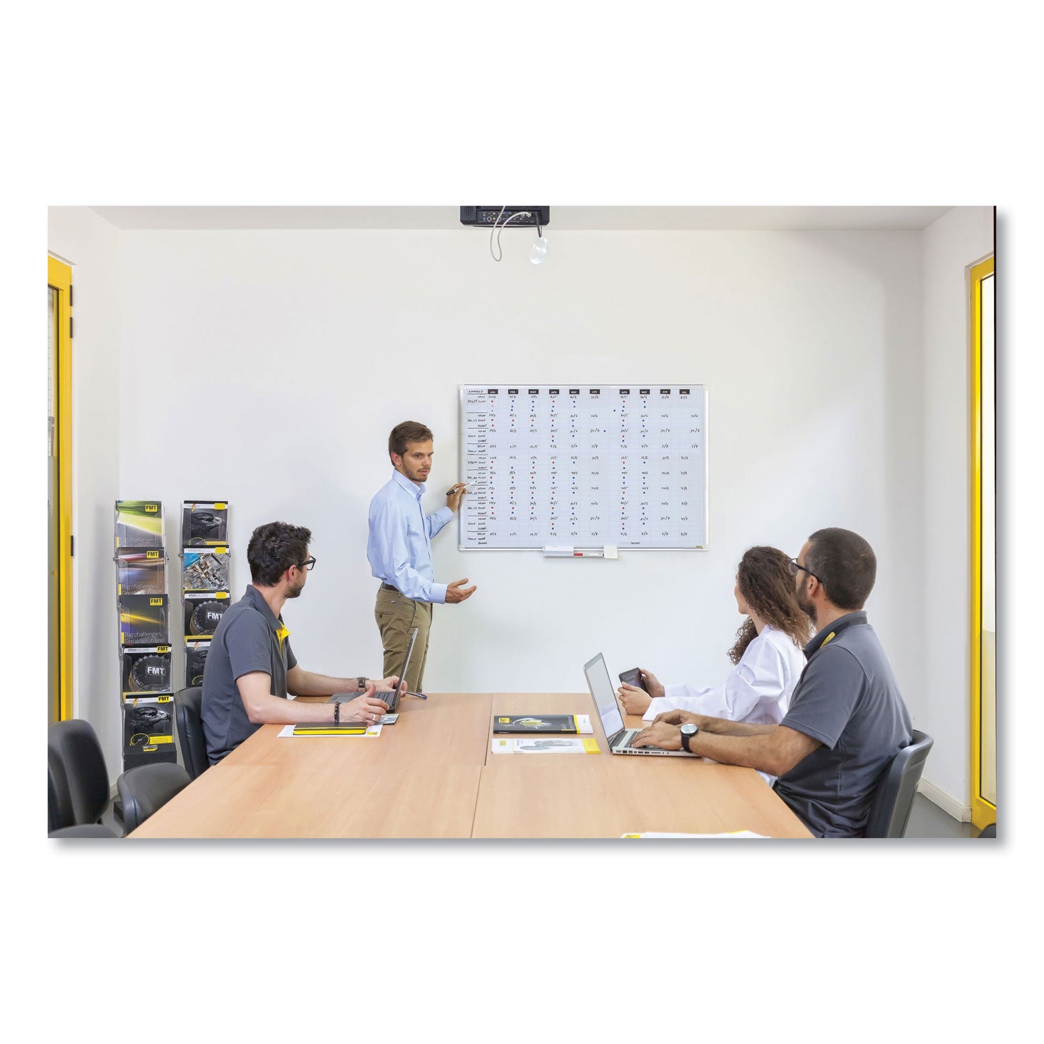 Gridded Magnetic Steel Dry Erase Planning Board, 1 x 2 Grid, 72 x 48, White Surface, Silver Aluminum Frame - 