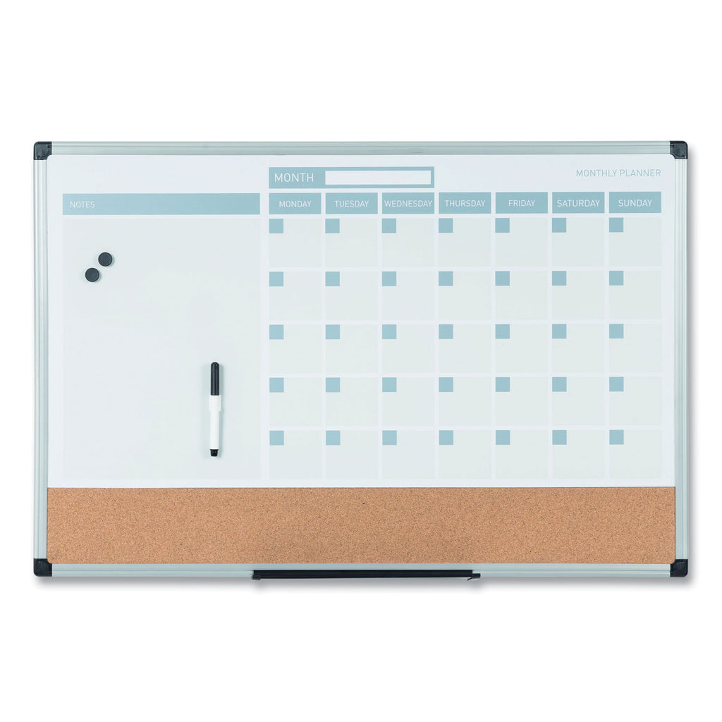 3-in-1 Planner Board, 24 x 18, Tan/White/Blue Surface, Silver Aluminum Frame - 