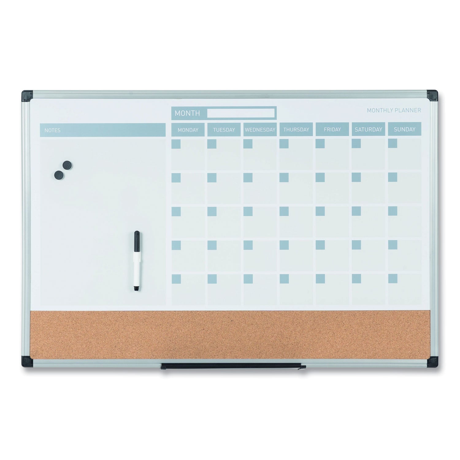 3-in-1 Planner Board, 24 x 18, Tan/White/Blue Surface, Silver Aluminum Frame - 