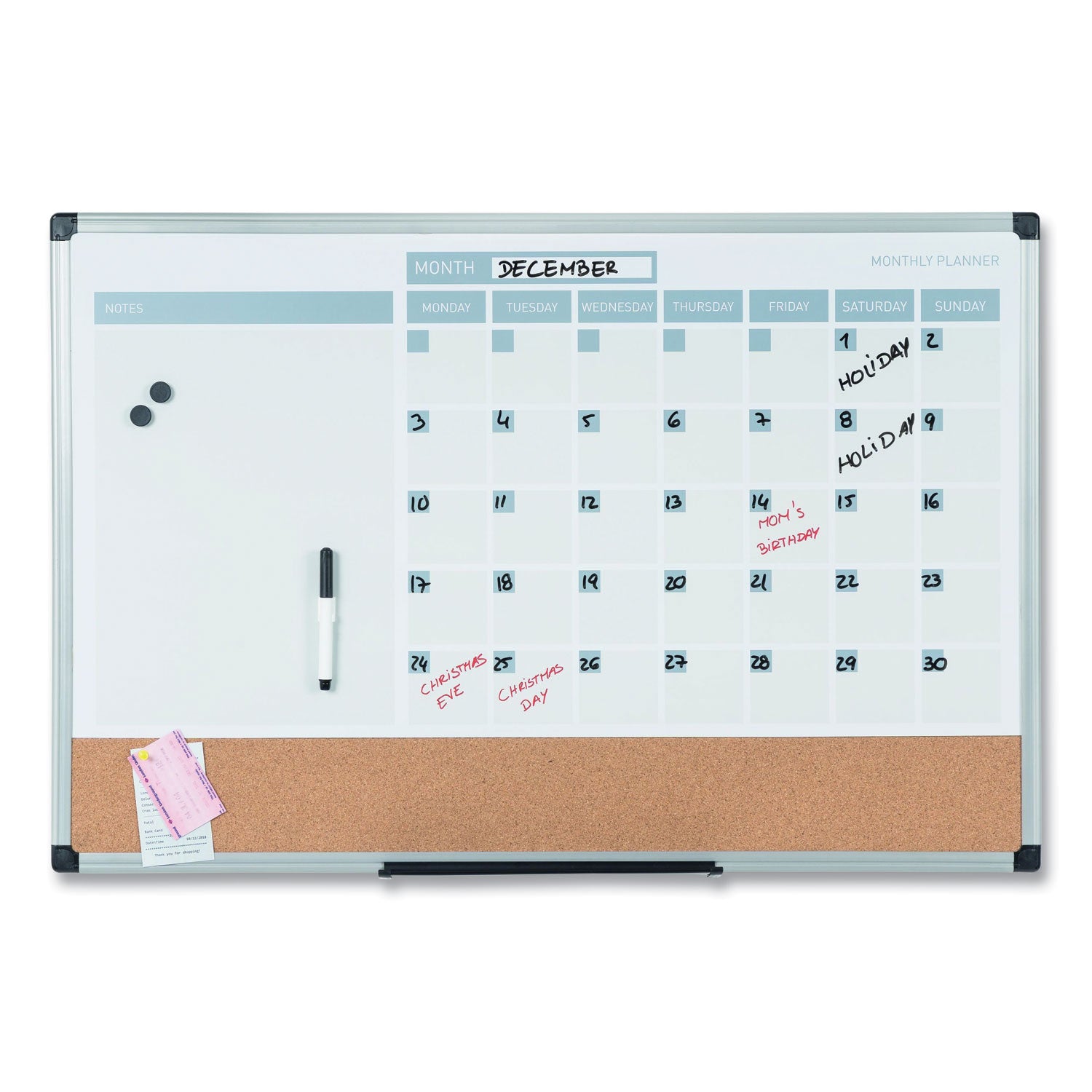 3-in-1 Planner Board, 24 x 18, Tan/White/Blue Surface, Silver Aluminum Frame - 