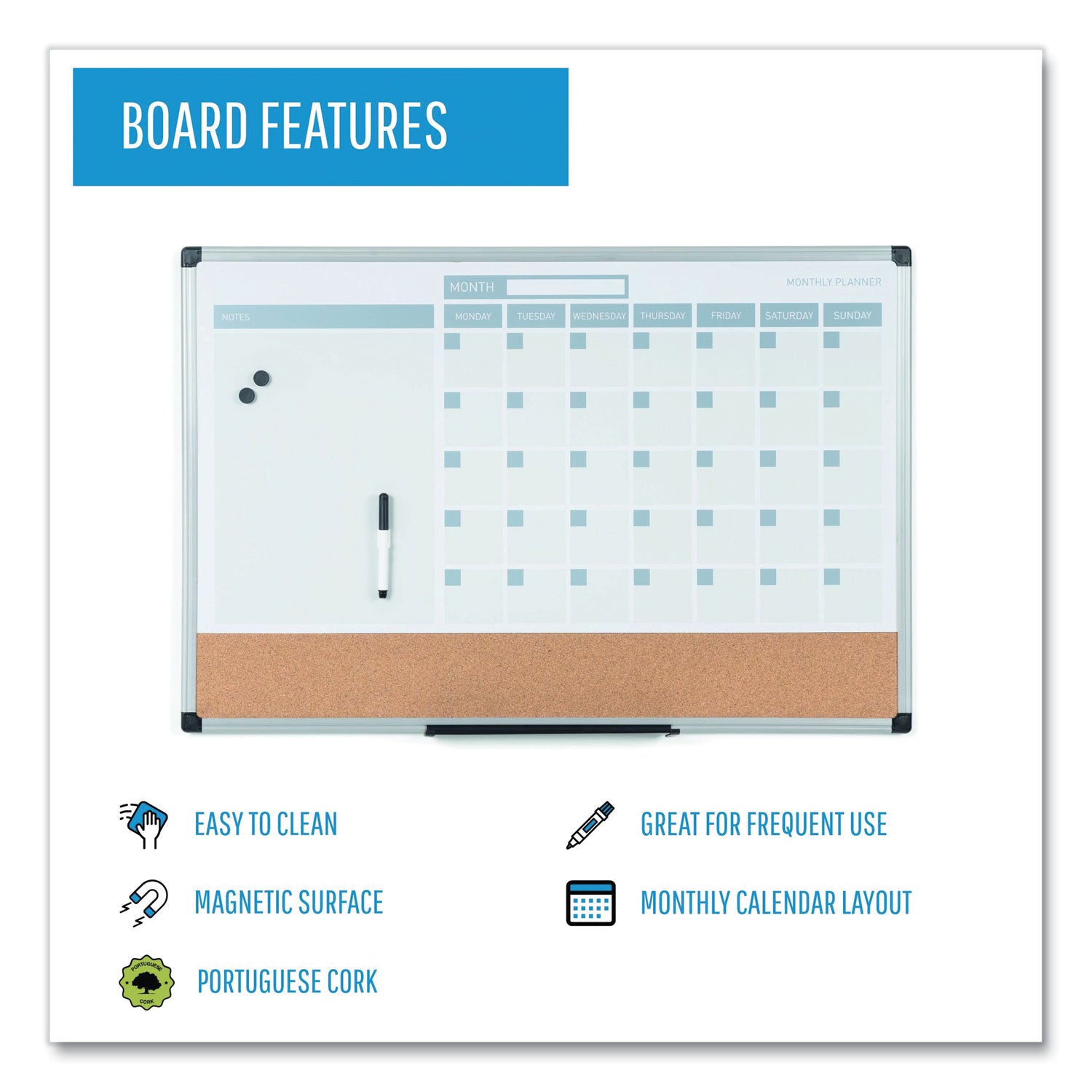 3-in-1 Planner Board, 24 x 18, Tan/White/Blue Surface, Silver Aluminum Frame - 