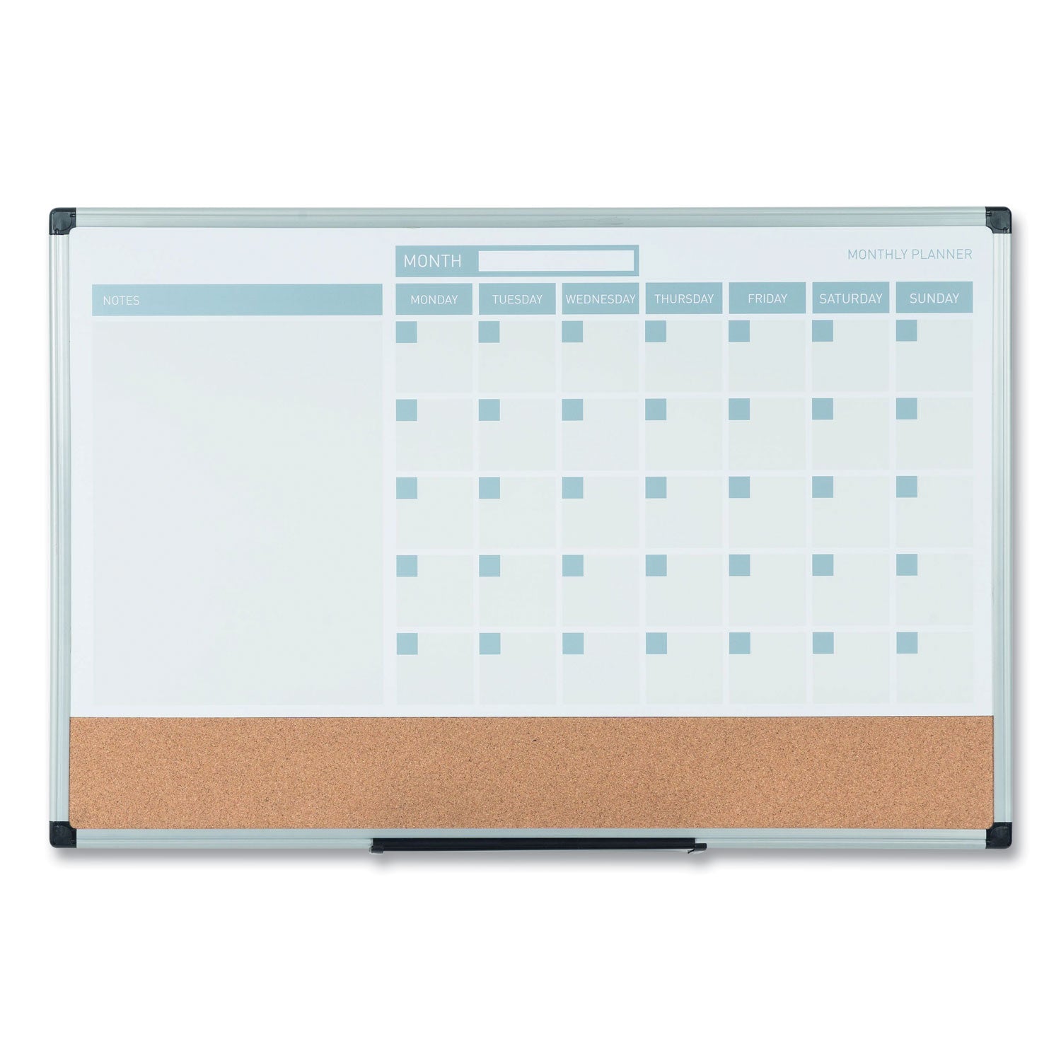 3-in-1 Planner Board, 24 x 18, Tan/White/Blue Surface, Silver Aluminum Frame - 