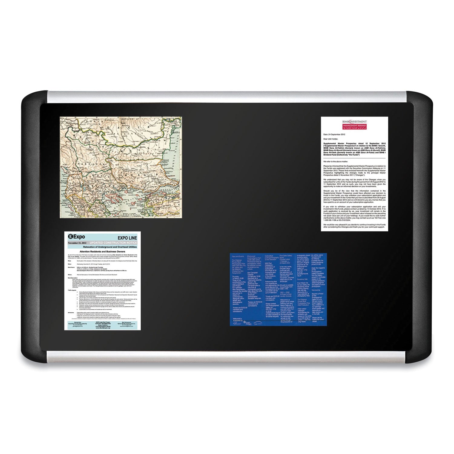 Soft-touch Bulletin Board, 72 x 48, Black Fabric Surface, Aluminum/Black Aluminum Frame - 