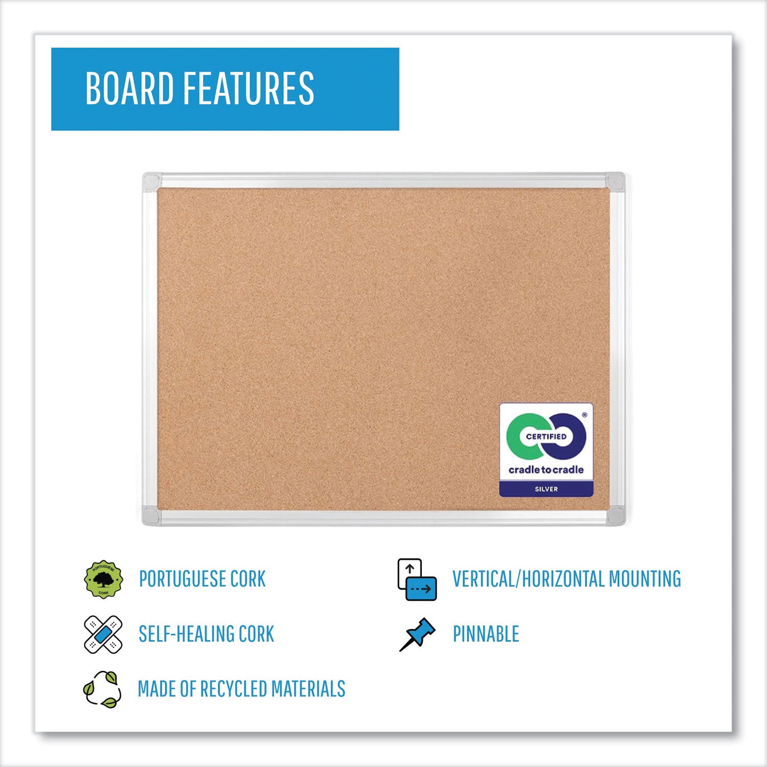 Earth Cork Board, 24 x 18, Tan Surface, Silver Aluminum Frame