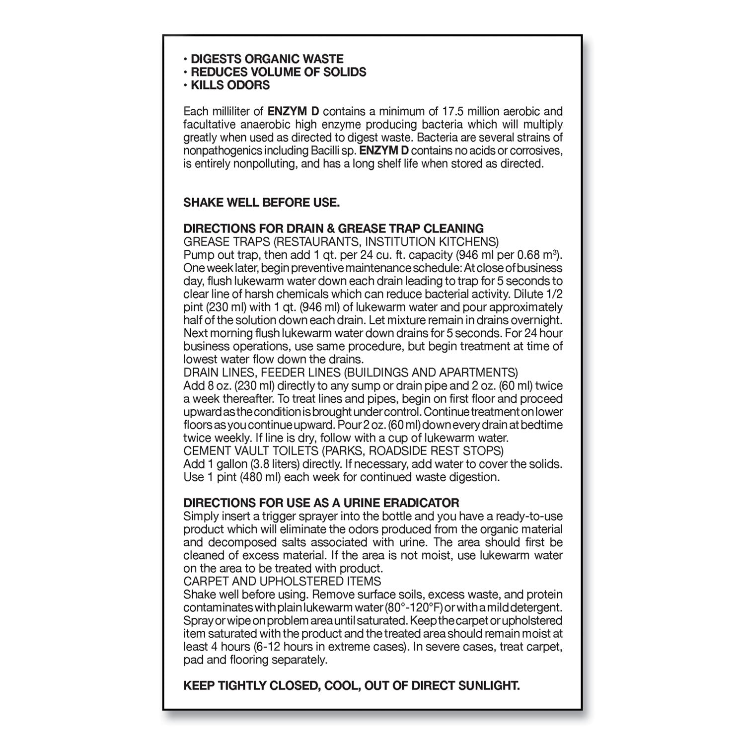 Enzym D Digester Liquid Deodorant, Lemon, 32 oz Bottle, 12/Carton