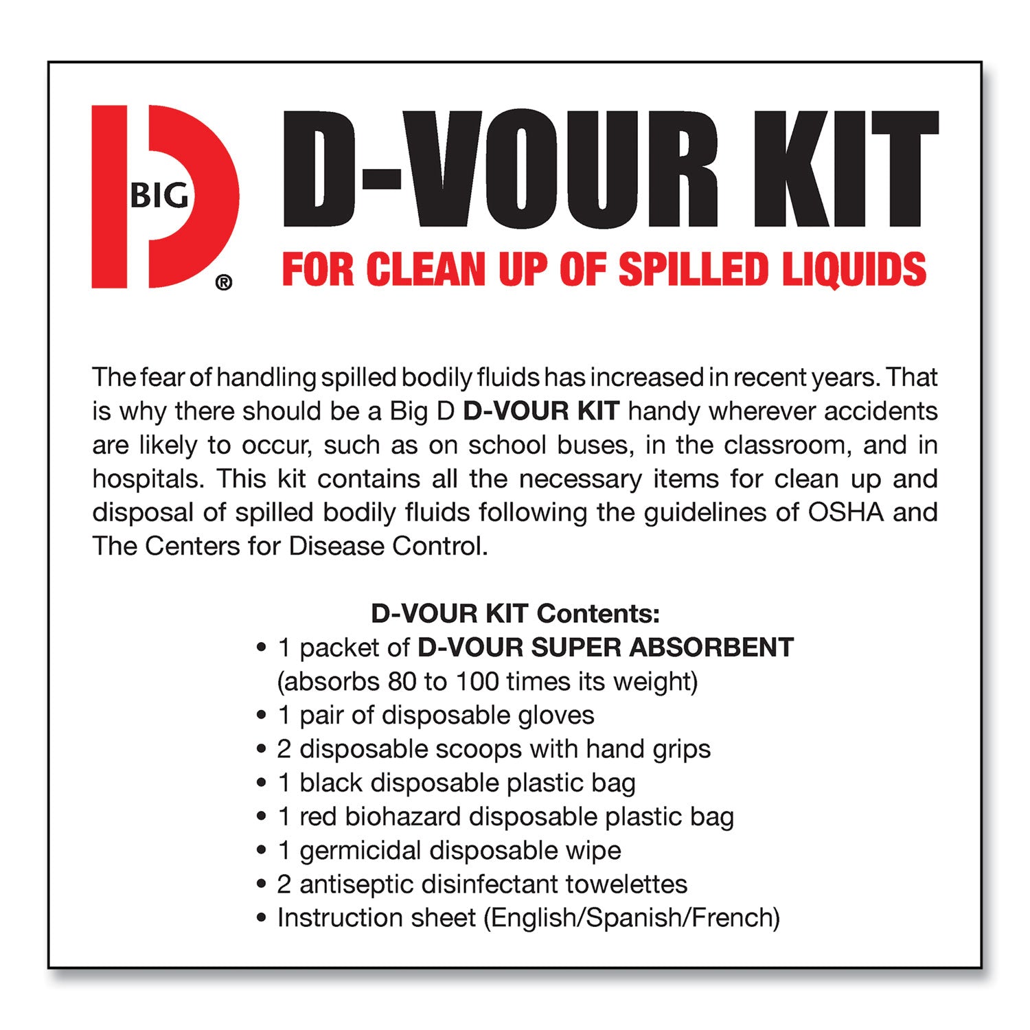 D'vour Clean-up Kit, Powder, All Inclusive Kit, 6/Carton