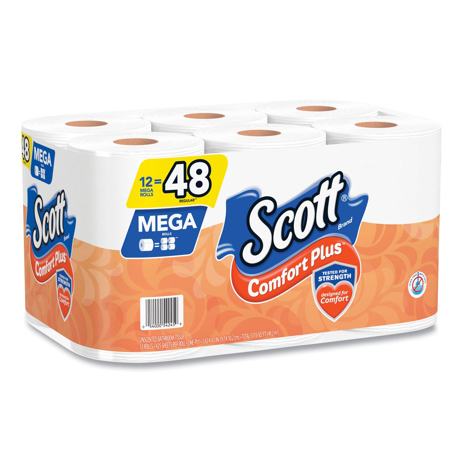 ComfortPlus Toilet Paper, Mega Roll, Septic Safe, 1-Ply, White, 425 Sheets/Roll, 12 Rolls/Pack
