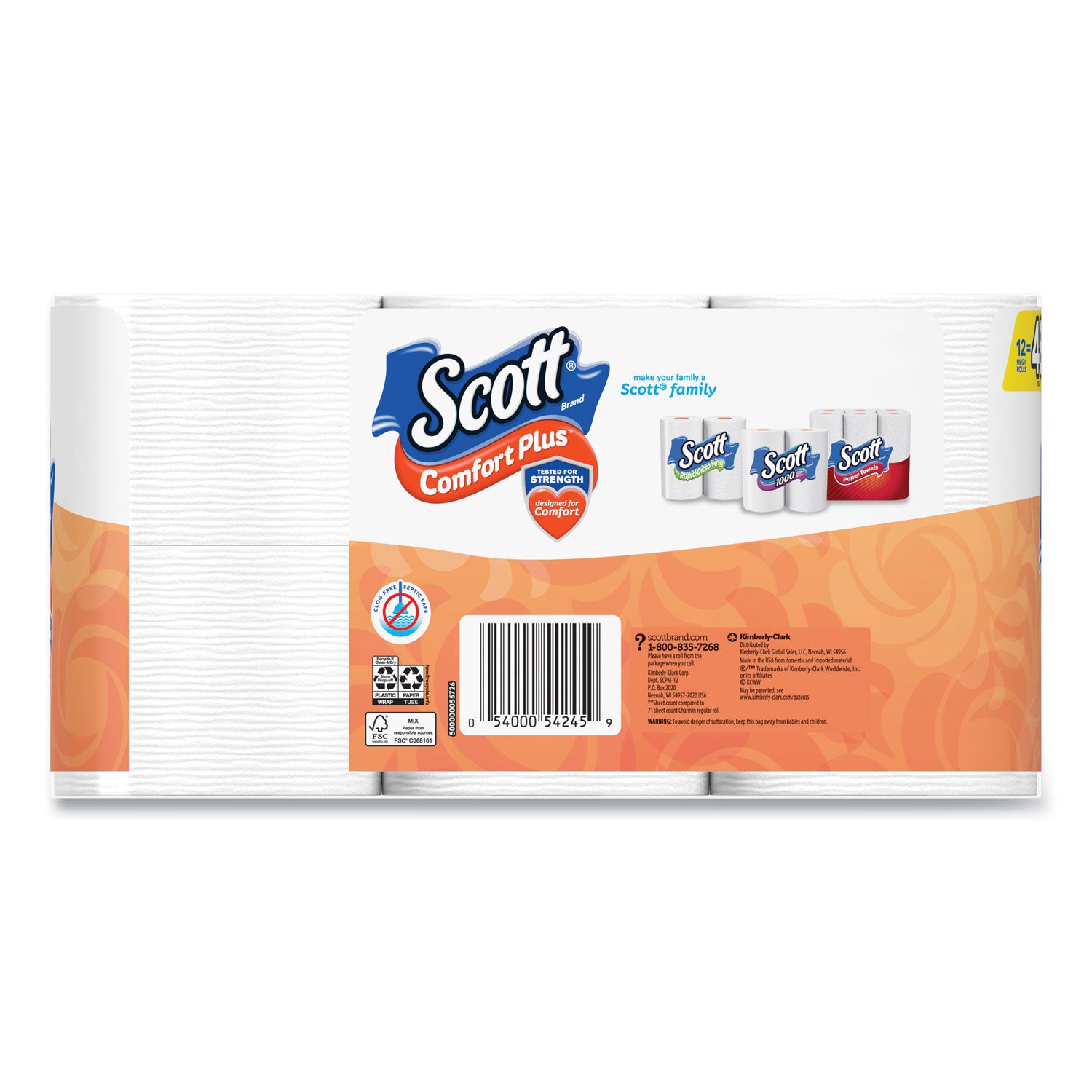 ComfortPlus Toilet Paper, Mega Roll, Septic Safe, 1-Ply, White, 425 Sheets/Roll, 12 Rolls/Pack