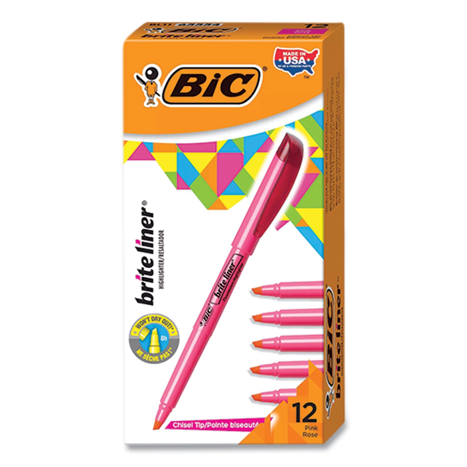 Brite Liner Highlighter, Fluorescent Pink Ink, Chisel Tip, Pink/Black Barrel, Dozen - 