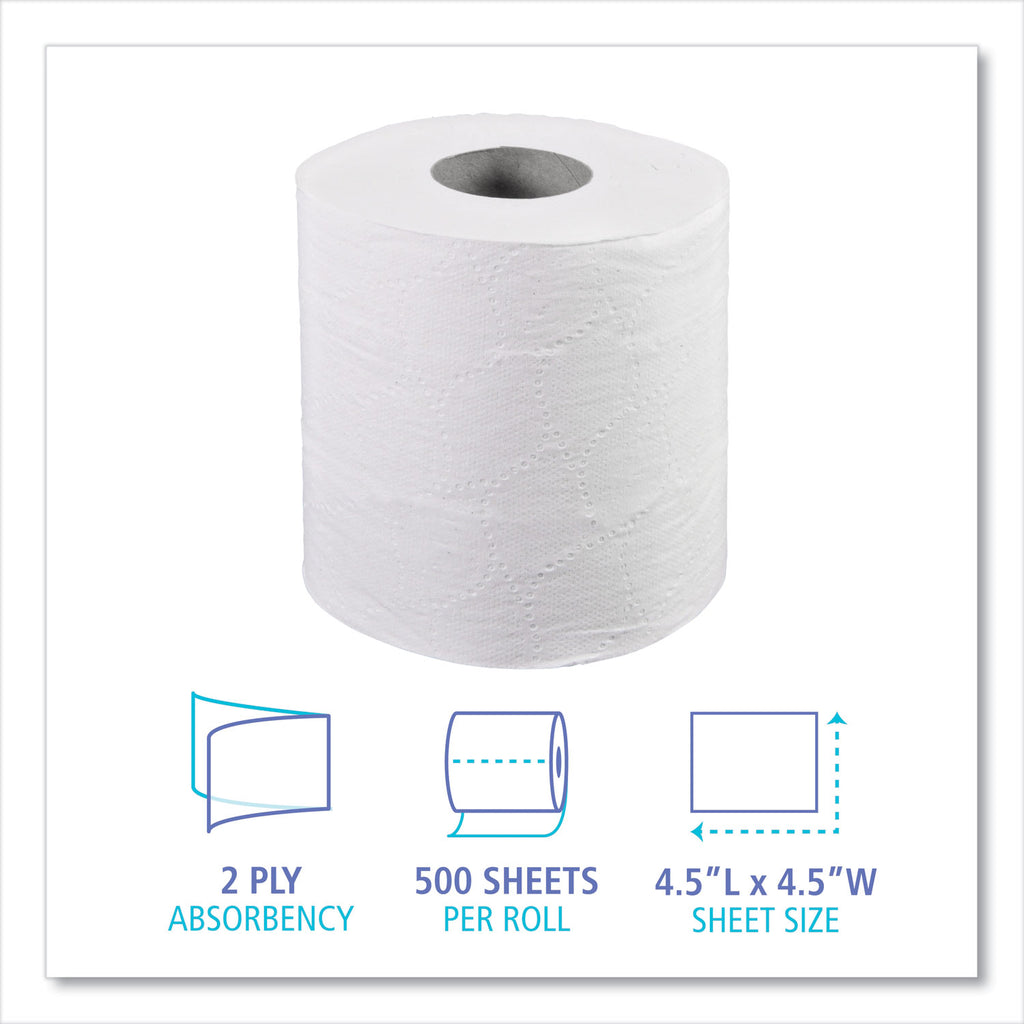 2-Ply Toilet Tissue, Septic Safe, White, 4.5 x 4.5, 500 Sheets/Roll, 96 Rolls/Carton