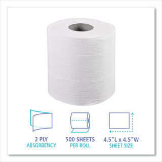 2-Ply Toilet Tissue, Septic Safe, White, 4.5 x 4.5, 500 Sheets/Roll, 96 Rolls/Carton