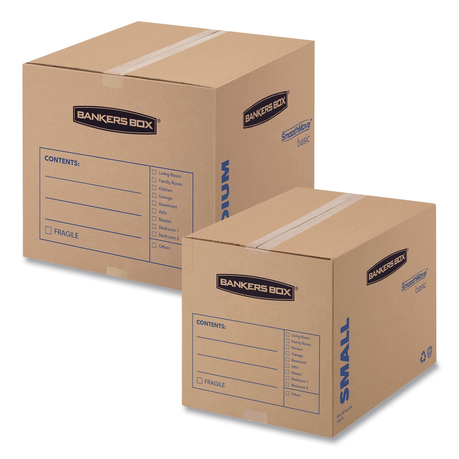 SmoothMove Basic Moving Boxes, Regular Slotted Container (RSC), Small, 12" x 16" x 12", Brown/Blue, 25/Bundle - 