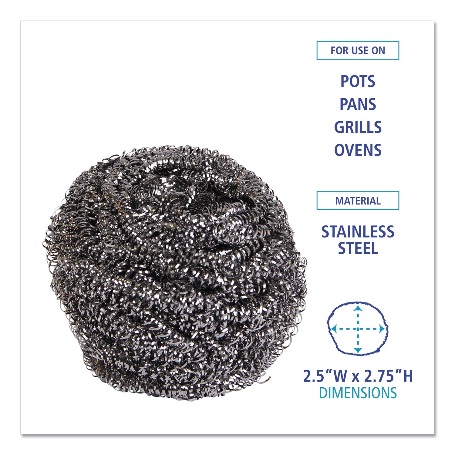 Stainless Steel Scrubber, Large Size, 2.5 x 2.75, Steel Gray, 12/Carton - 