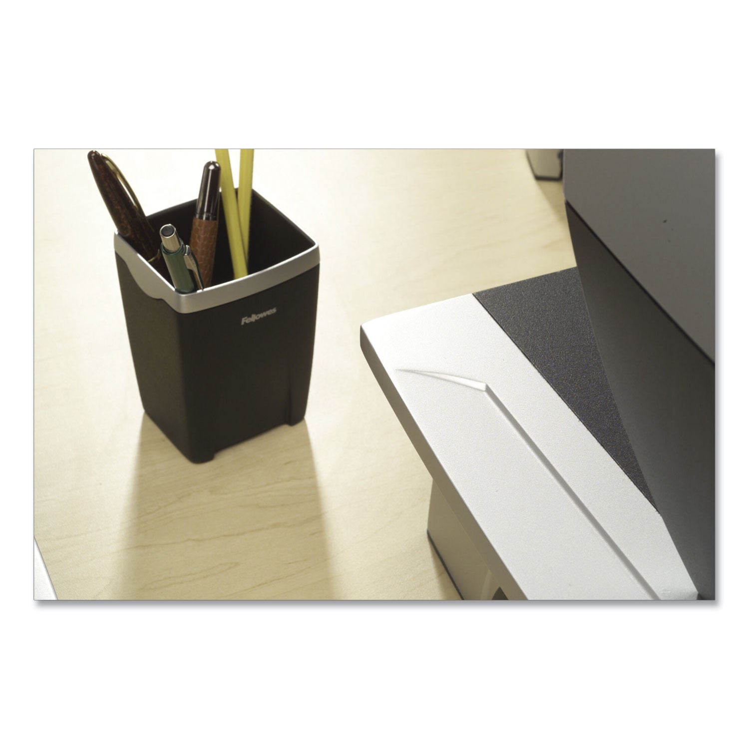 Office Suites Divided Pencil Cup, Plastic, 3.13 x 3.13 x 4.25, Black/Silver - 