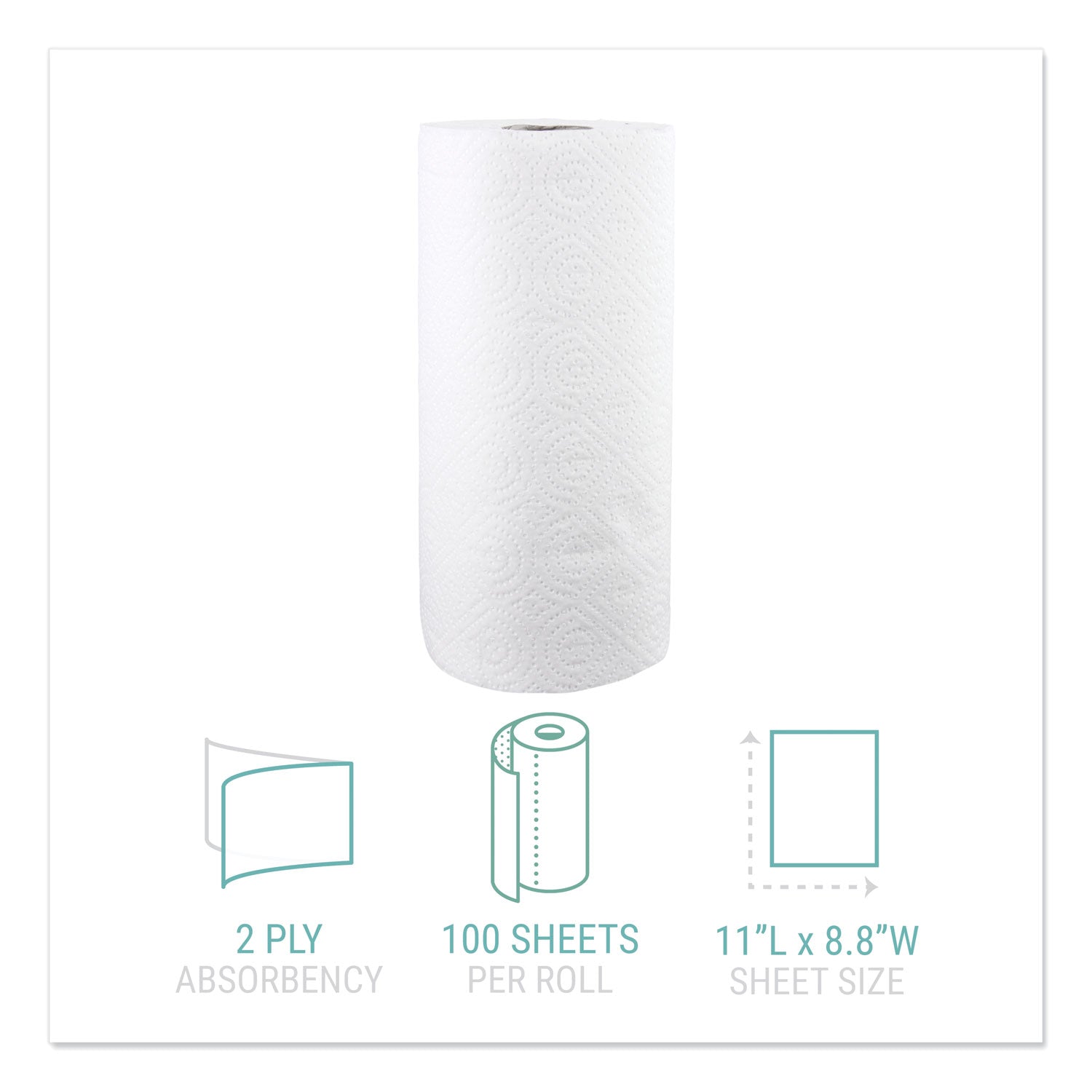 Kitchen Roll Towels, 2-Ply, 11 x 8.8, White, 100/Roll - 