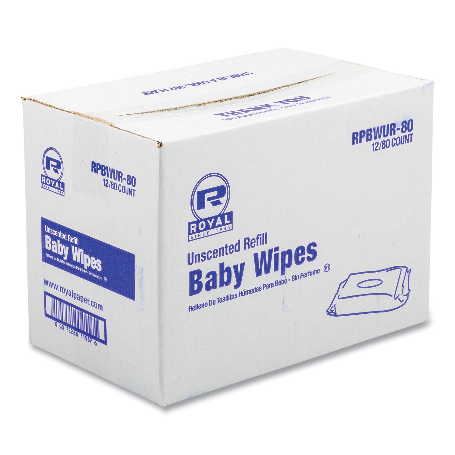 Baby Wipes Refill Pack, 8 x 7, Unscented, White, 80/Pack, 12 Packs/Carton - 