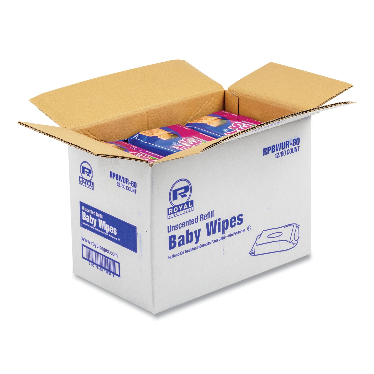 Baby Wipes Refill Pack, 8 x 7, Unscented, White, 80/Pack, 12 Packs/Carton - 