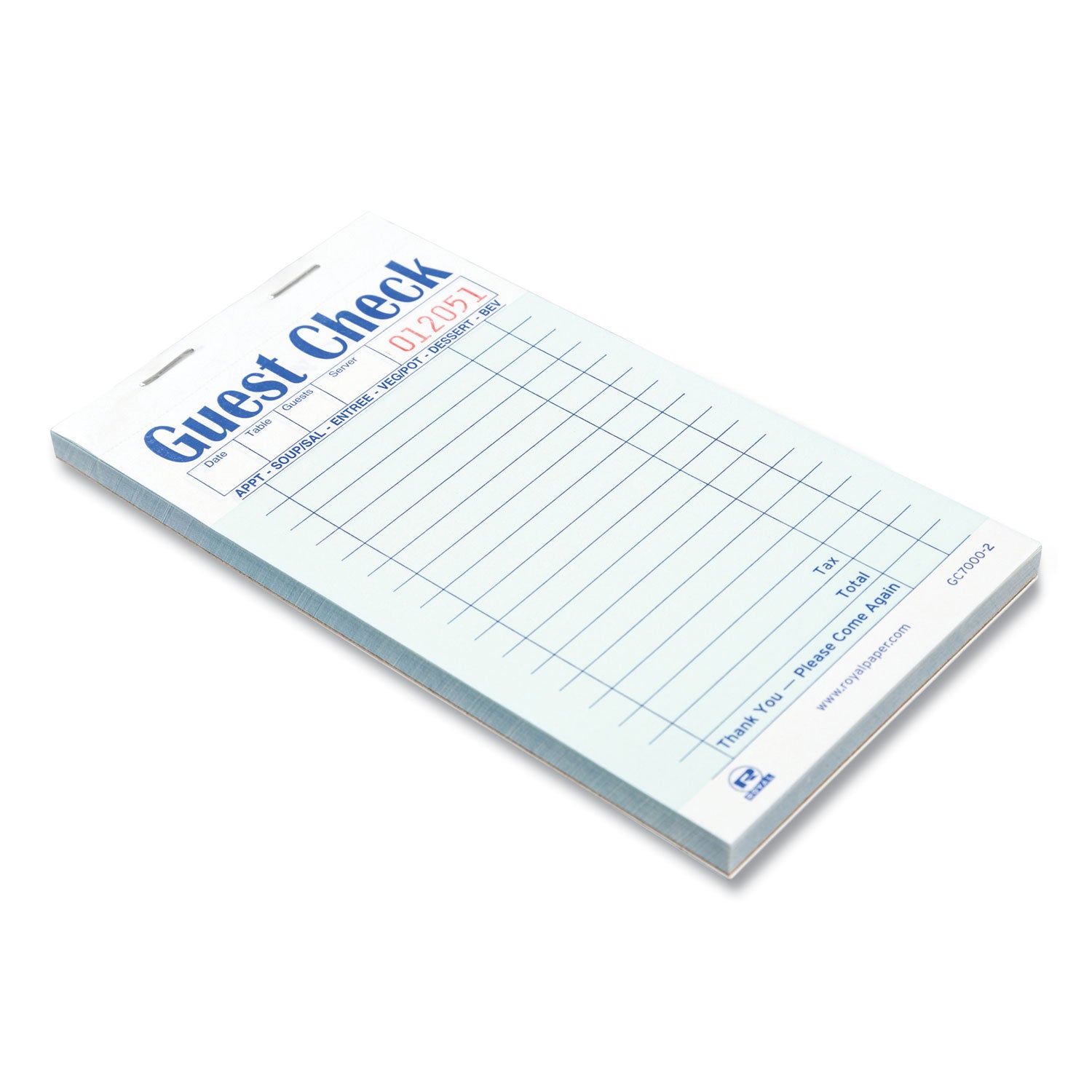 Guest Check Pad, 17 Lines, Two-Part Carbonless, 3.6 x 6.7, 50 Forms/Pad, 50 Pads/Carton - 