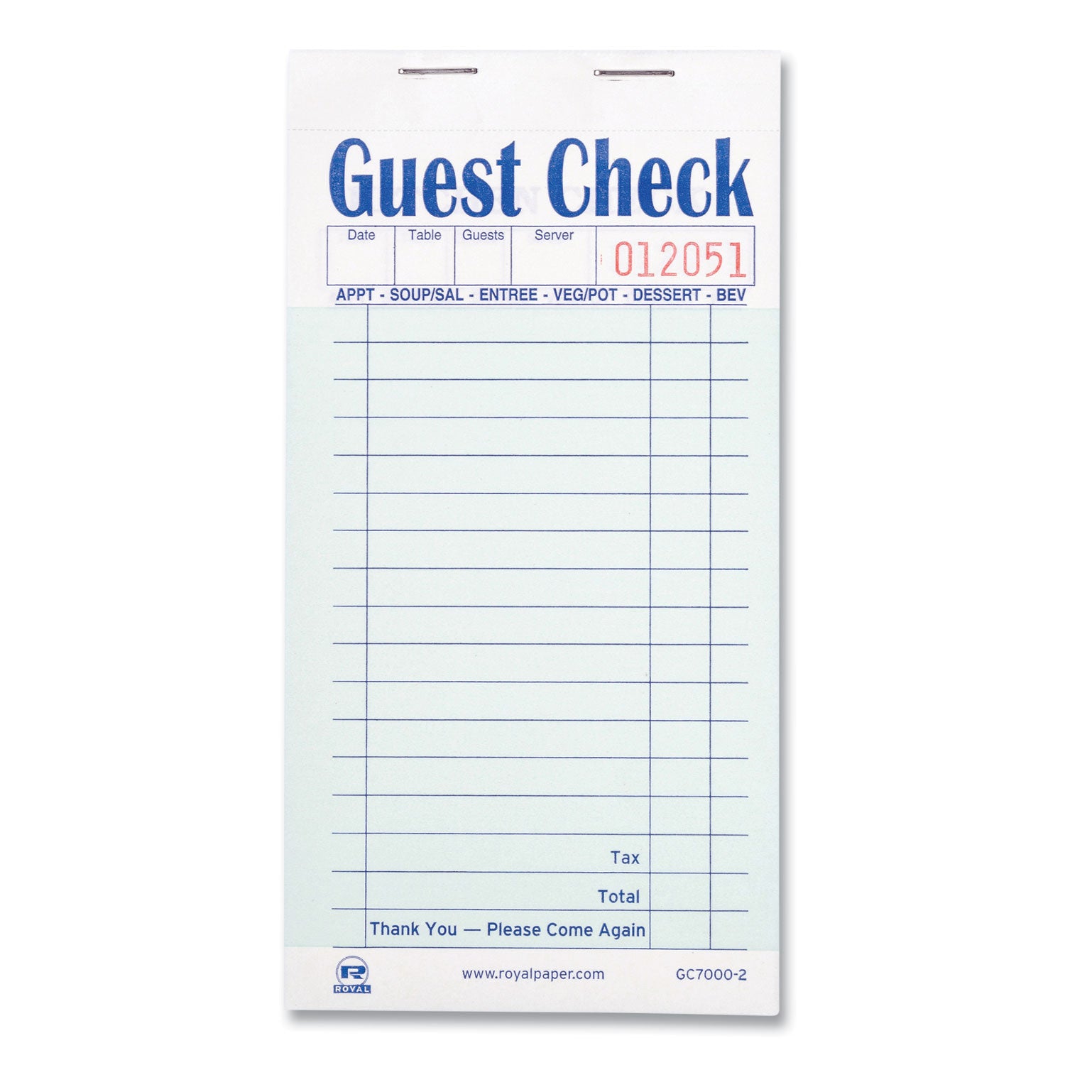 Guest Check Pad, 17 Lines, Two-Part Carbonless, 3.6 x 6.7, 50 Forms/Pad, 50 Pads/Carton - 