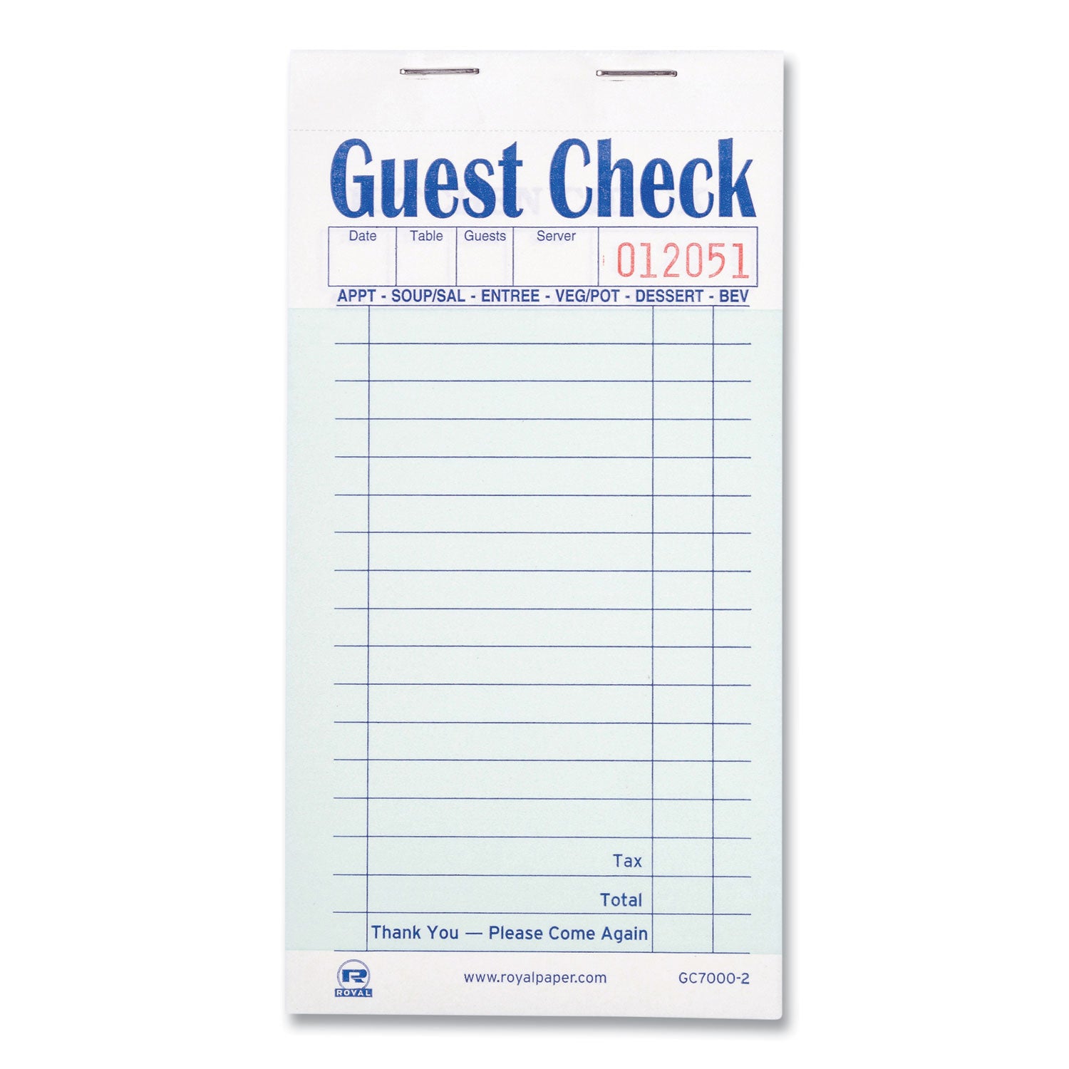 Guest Check Pad, 17 Lines, Two-Part Carbonless, 3.6 x 6.7, 50 Forms/Pad, 50 Pads/Carton