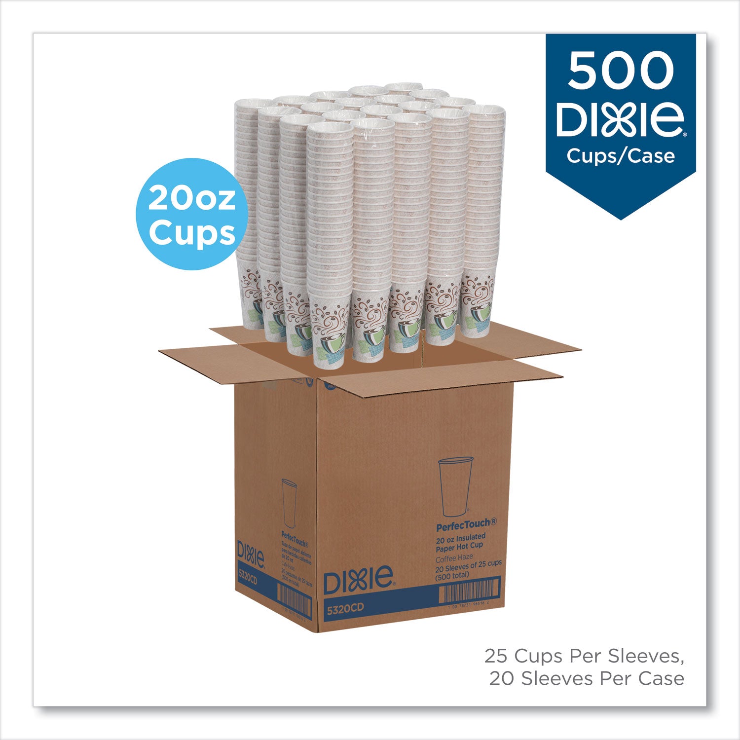 PerfecTouch Paper Hot Cups, 20 oz, Coffee Haze Design, 25/Sleeve, 20 Sleeves/Carton