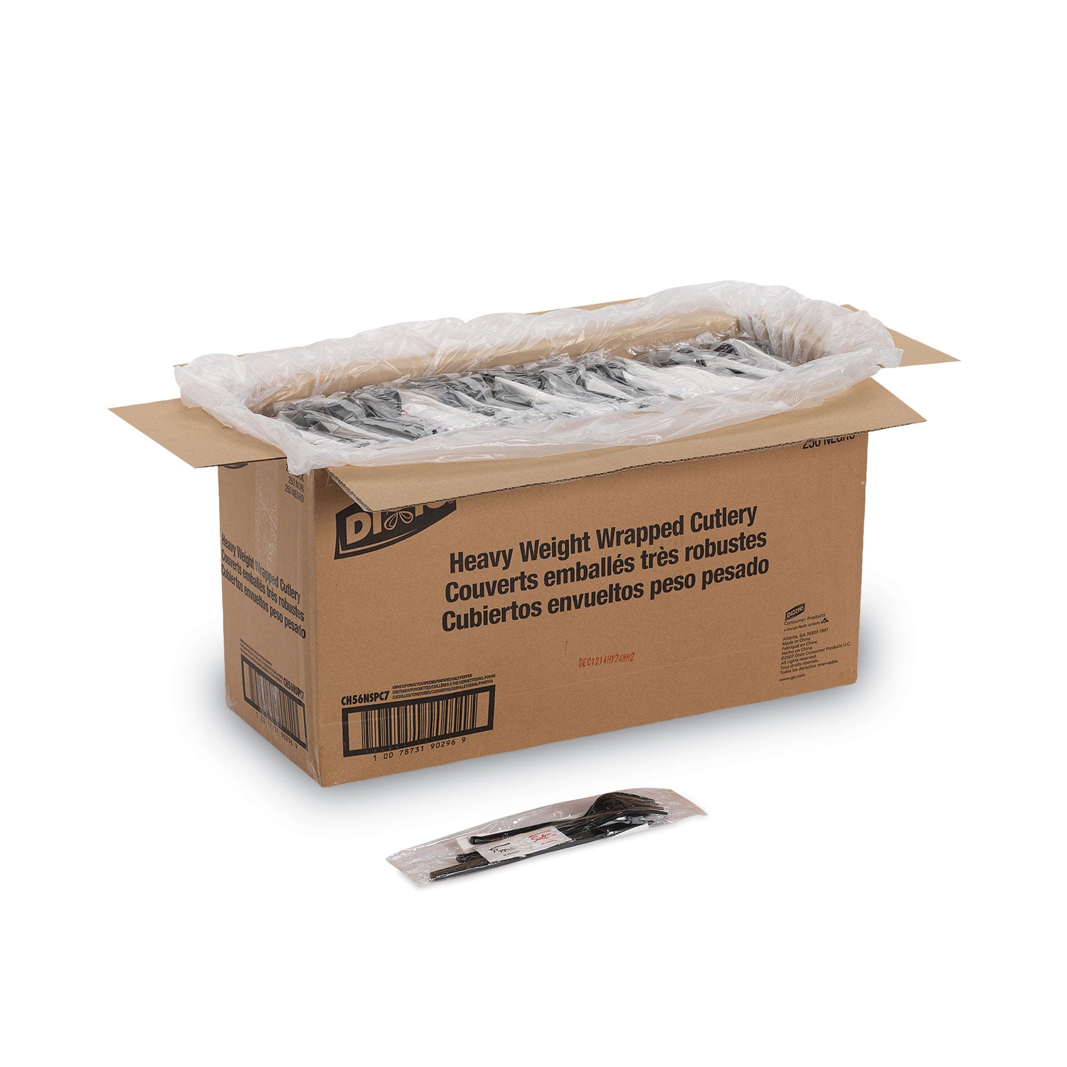 Wrapped Tableware/Napkin Packets, Fork/Knife/Spoon/Napkin, Black, 250/Carton