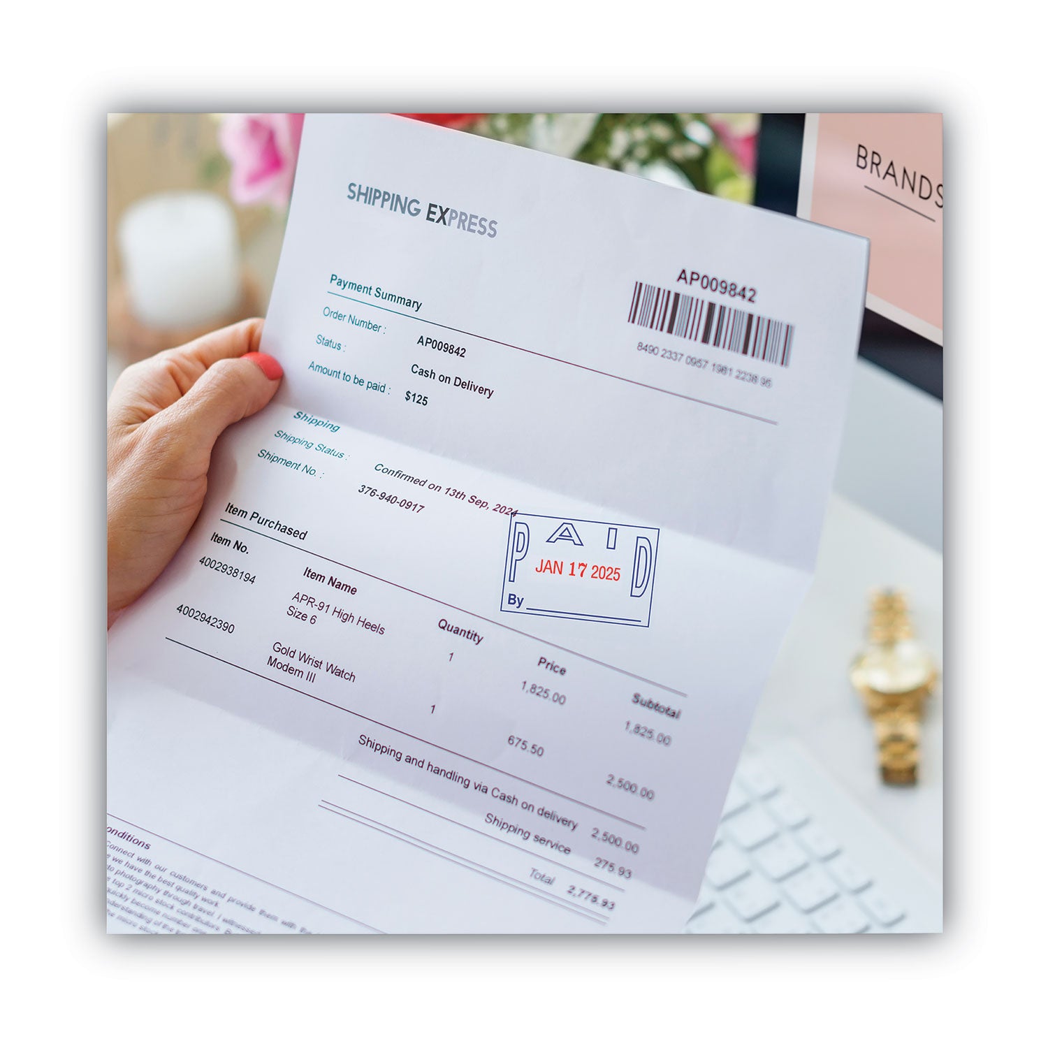 Model S 360 Two-Color Message Dater, 1.75 x 1, "Paid," Self-Inking, Blue/Red - 