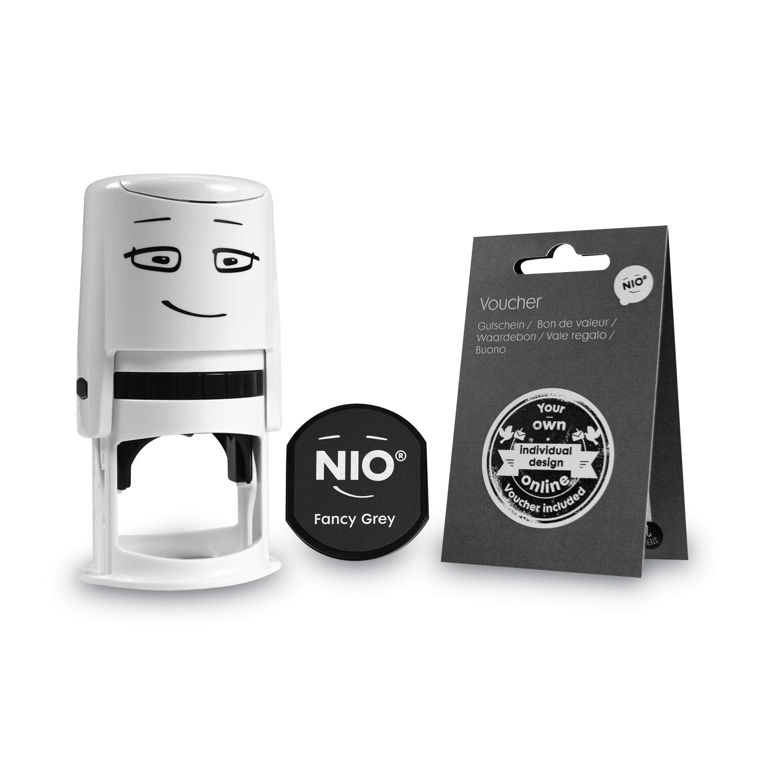 Stamp with Voucher and Fancy Gray Ink Pad, Self-Inking, 1.56" Diameter