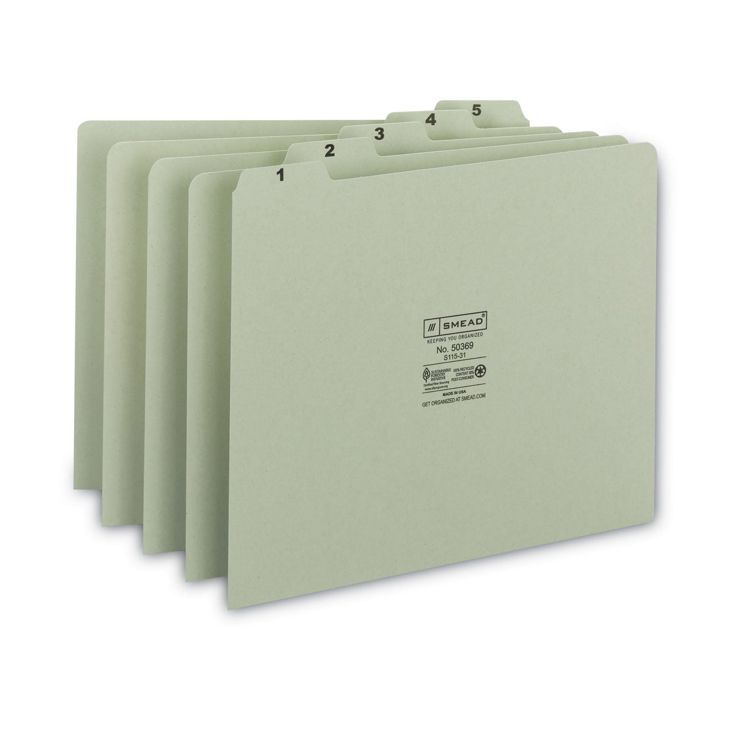 100% Recycled Daily Top Tab File Guide Set, 1/5-Cut Top Tab, 1 to 31, 8.5 x 11, Green, 31/Set - 