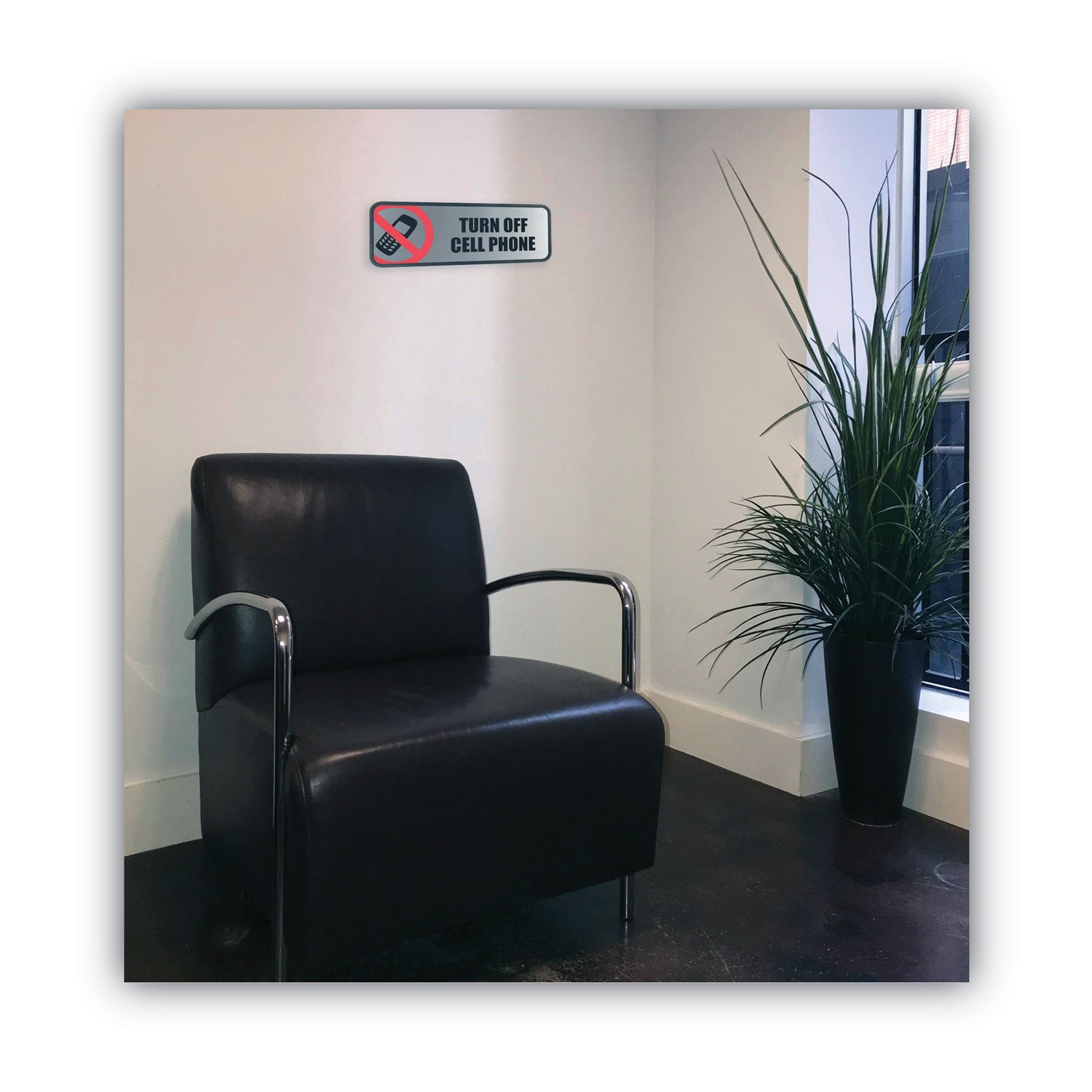 Brushed Metal Office Sign, Turn Off Cell Phone, 9 x 3, Silver/Red