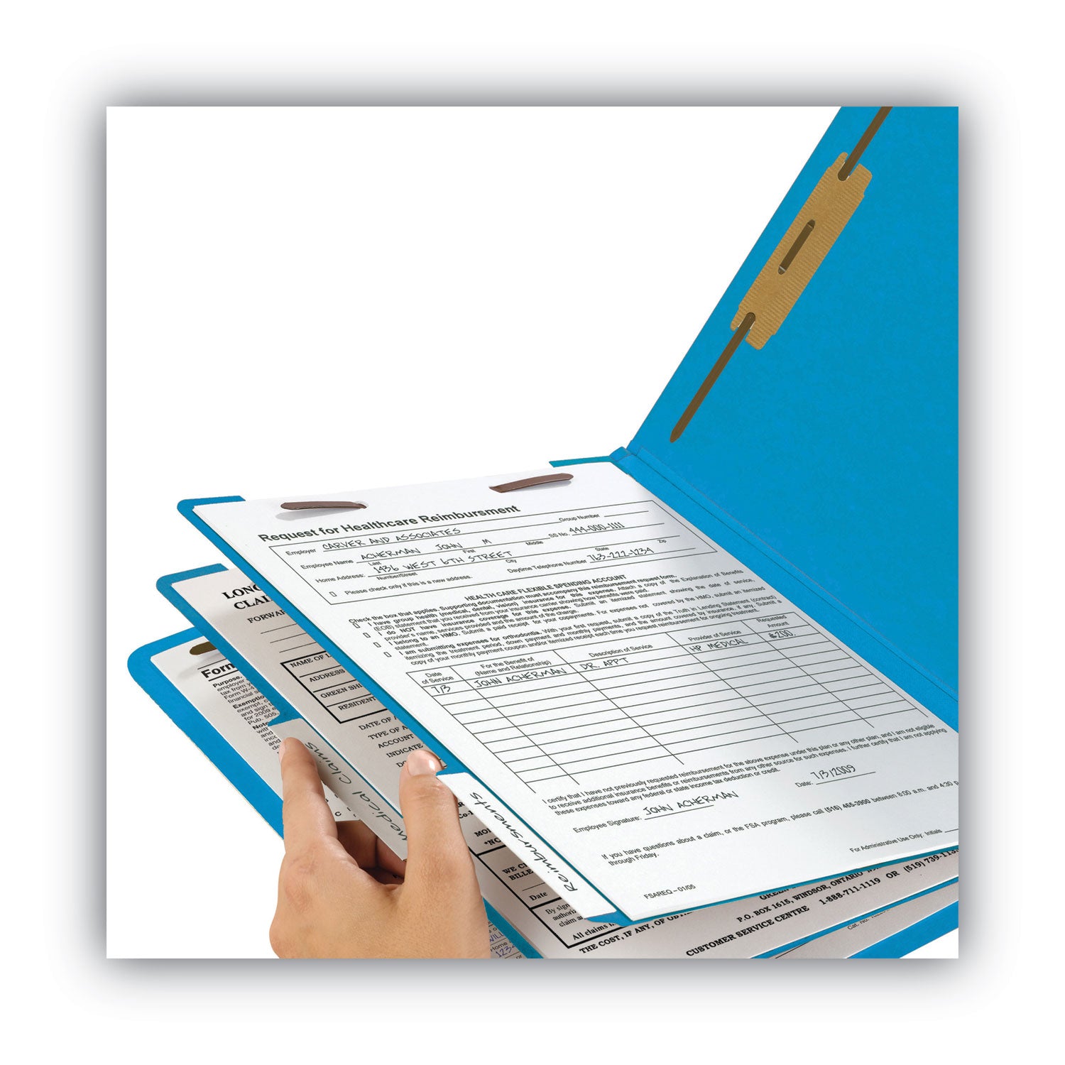 Colored End Tab Classification Folders with Dividers, 2" Expansion, 2 Dividers, 6 Fasteners, Letter Size, Blue, 10/Box - 