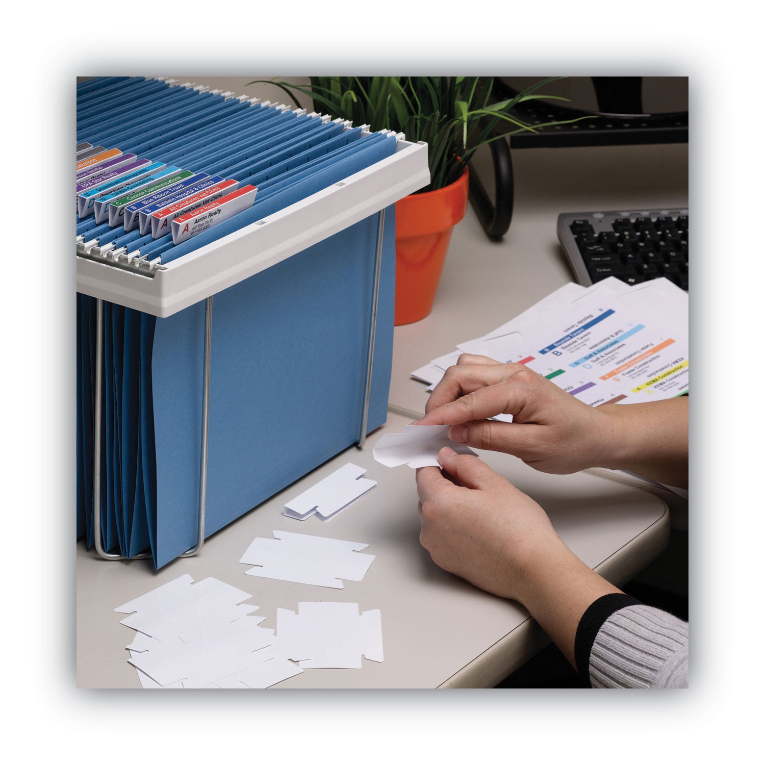 Viewables Hanging Folder Tabs and Labels, Quick-Fold Tabs with Labels, 1/3-Cut, White, 3.5" Wide, 45/Pack - 