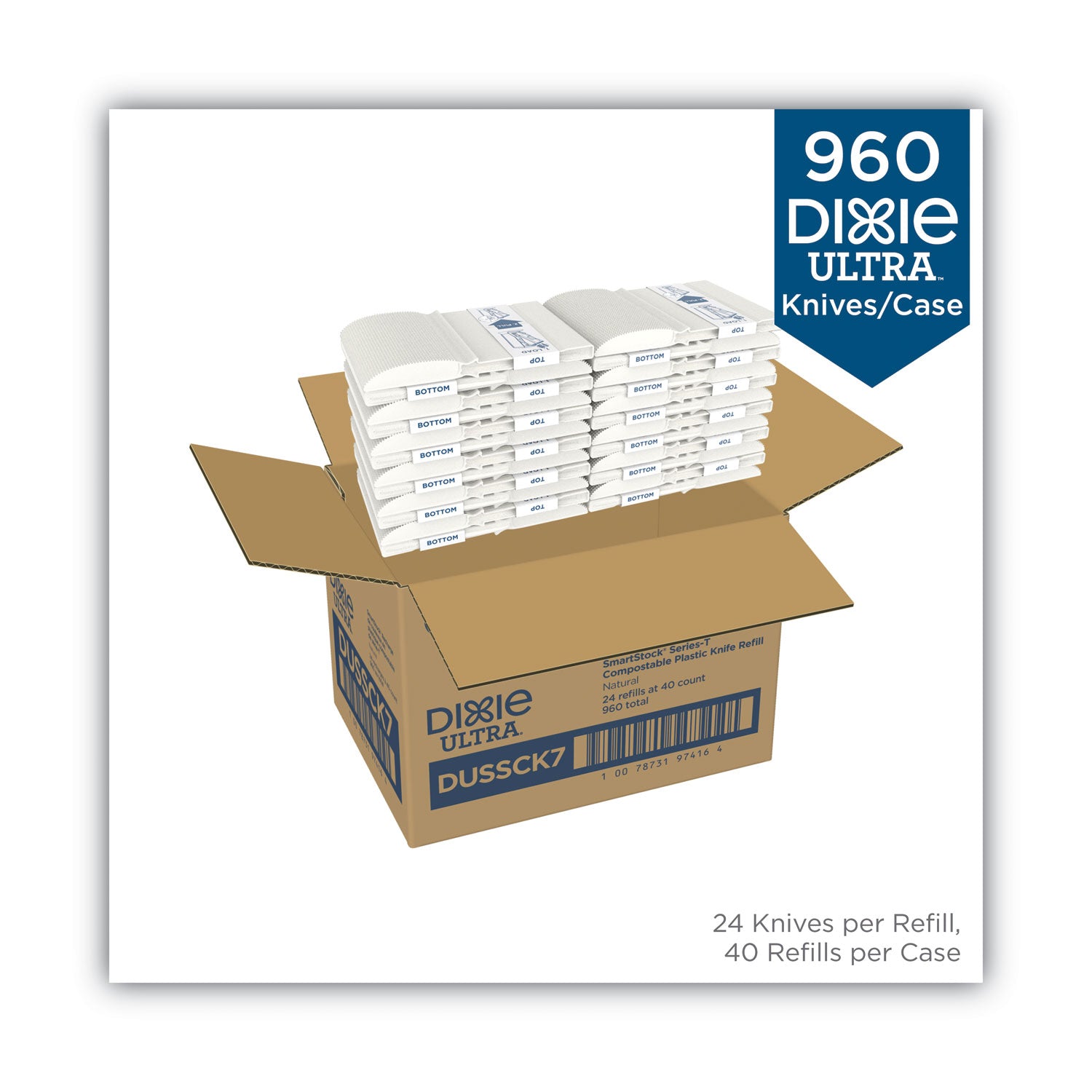 SmartStock Tri-Tower Dispensing System Cutlery, Knife, Natural, 40/Pack, 24 Packs/Carton