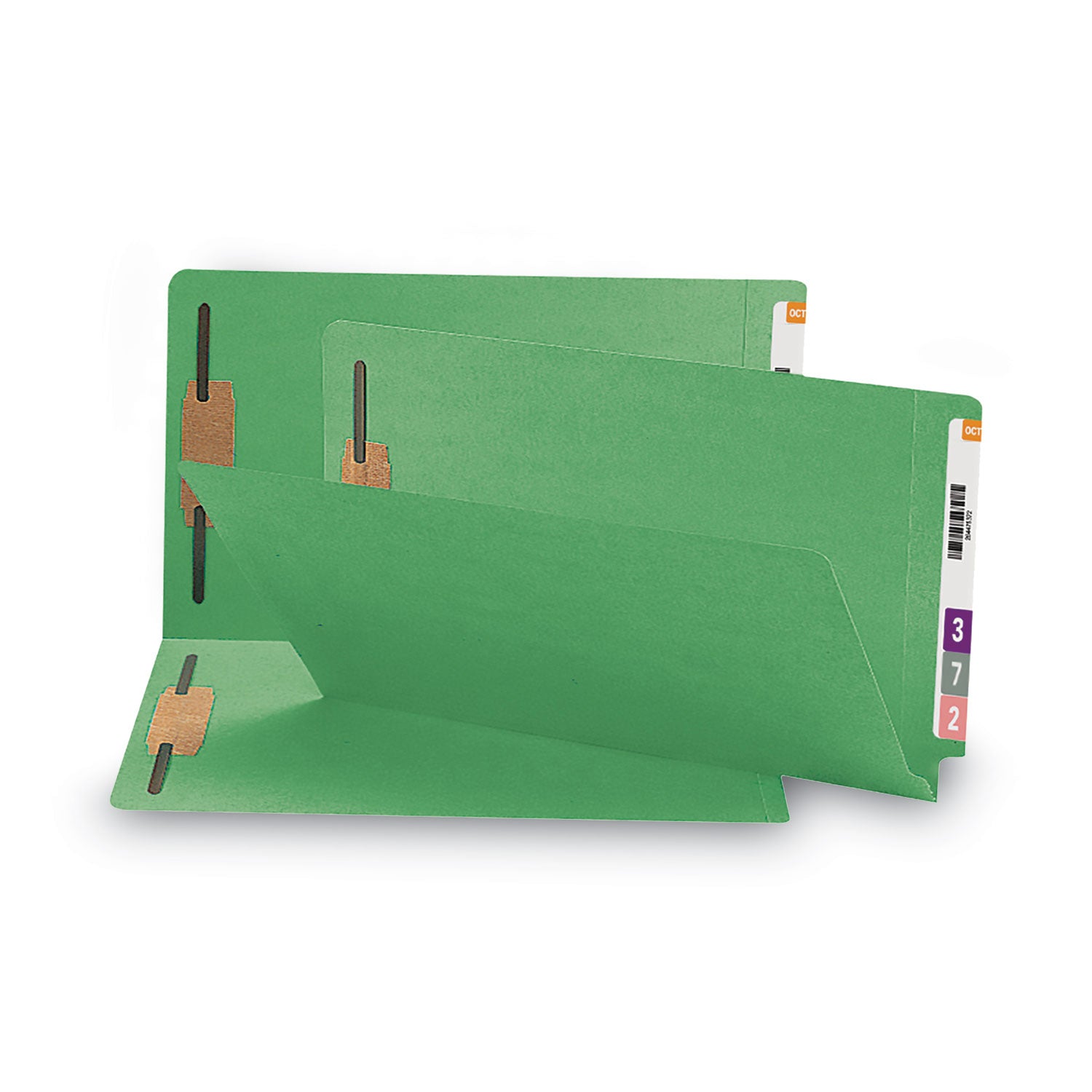 Heavyweight Colored End Tab Fastener Folders, 0.75" Expansion, 2 Fasteners, Legal Size, Green Exterior, 50/Box - 