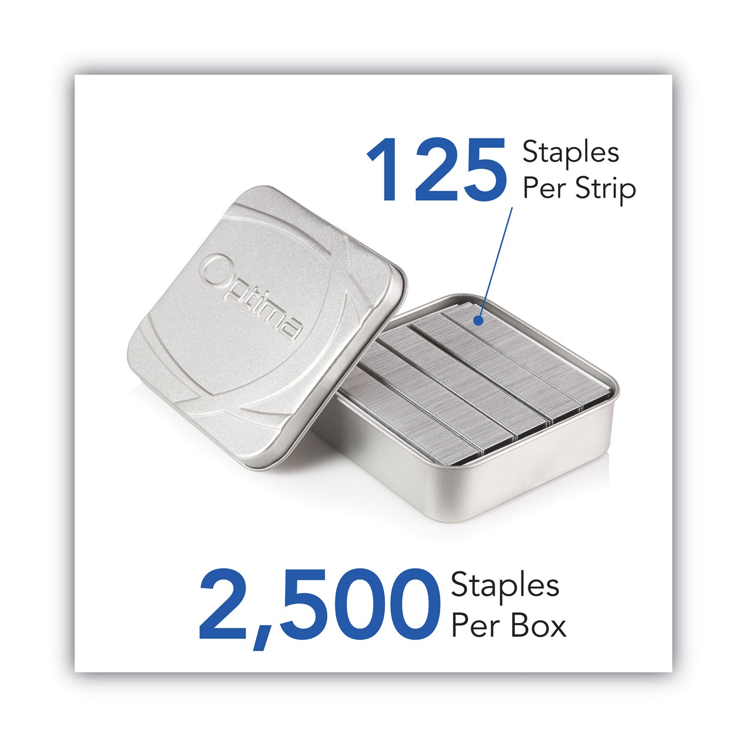 Optima High-Capacity Staples, 0.38" Leg, 0.5" Crown, Steel, 125/Strip, 20 Strips/Box