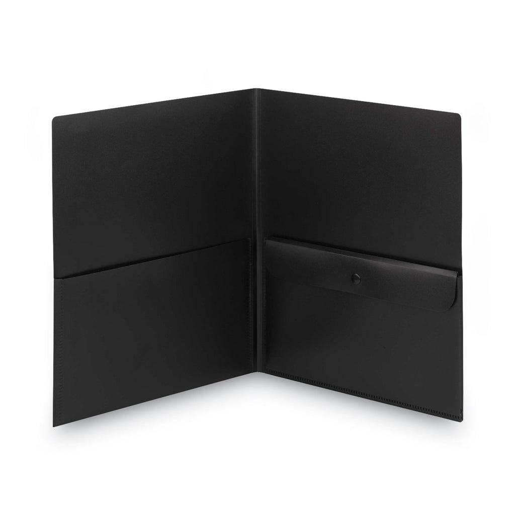 Poly Two-Pocket Folder with Snap Closure Security Pocket, 100-Sheet Capacity, 11 x 8.5, Black, 5/Pack - 
