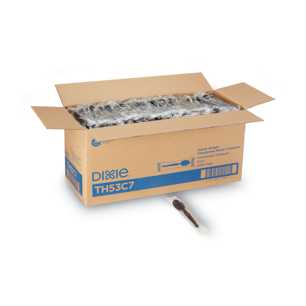 Individually Wrapped Heavyweight Teaspoons, Polystyrene, Black 1,000/Carton