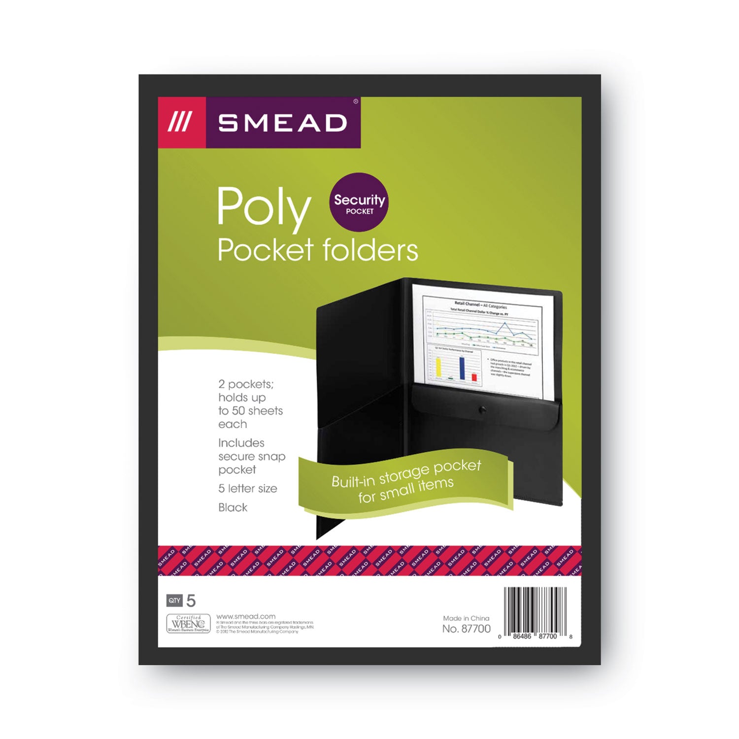 Poly Two-Pocket Folder with Snap Closure Security Pocket, 100-Sheet Capacity, 11 x 8.5, Black, 5/Pack - 