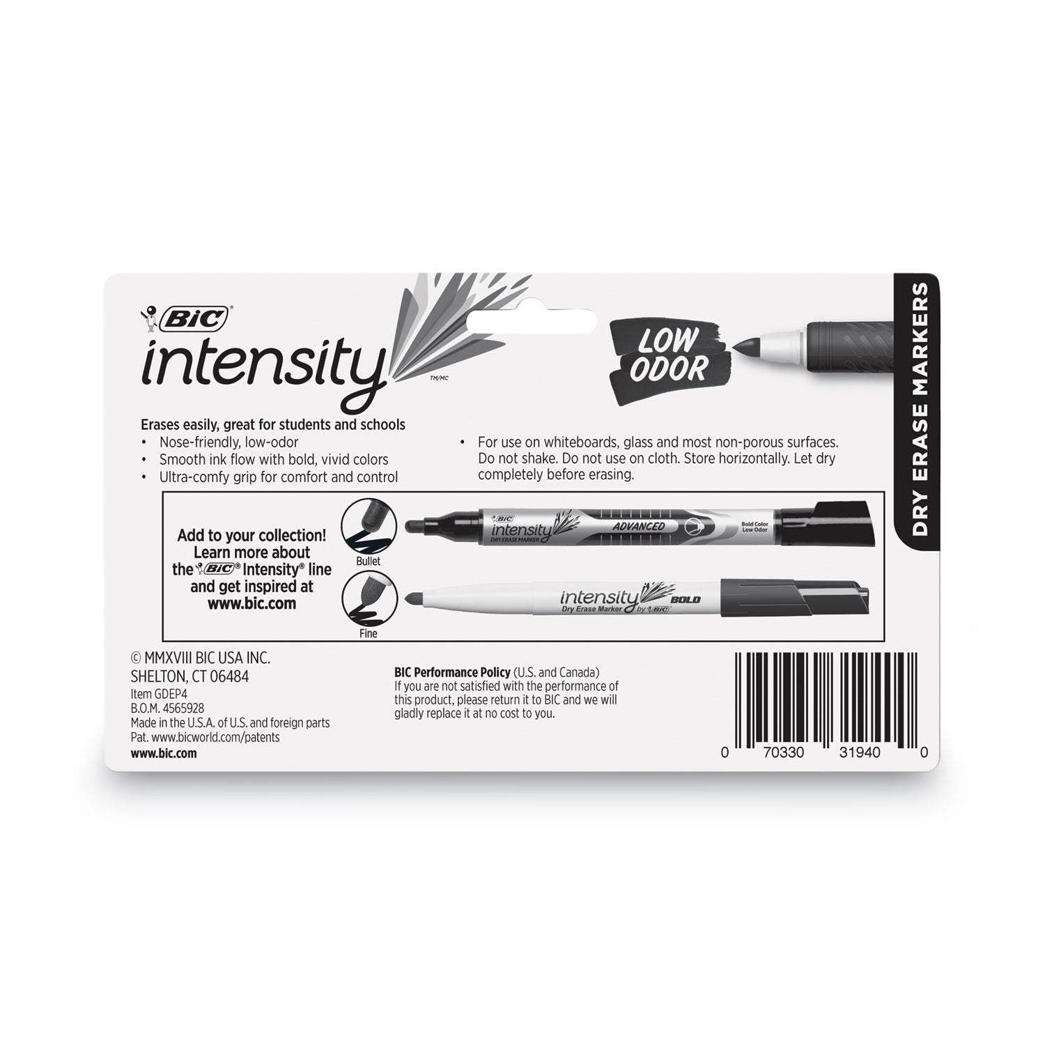 Intensity Low Odor Fine Point Dry Erase Marker, Fine Bullet Tip, Assorted Colors, 4/Set - 