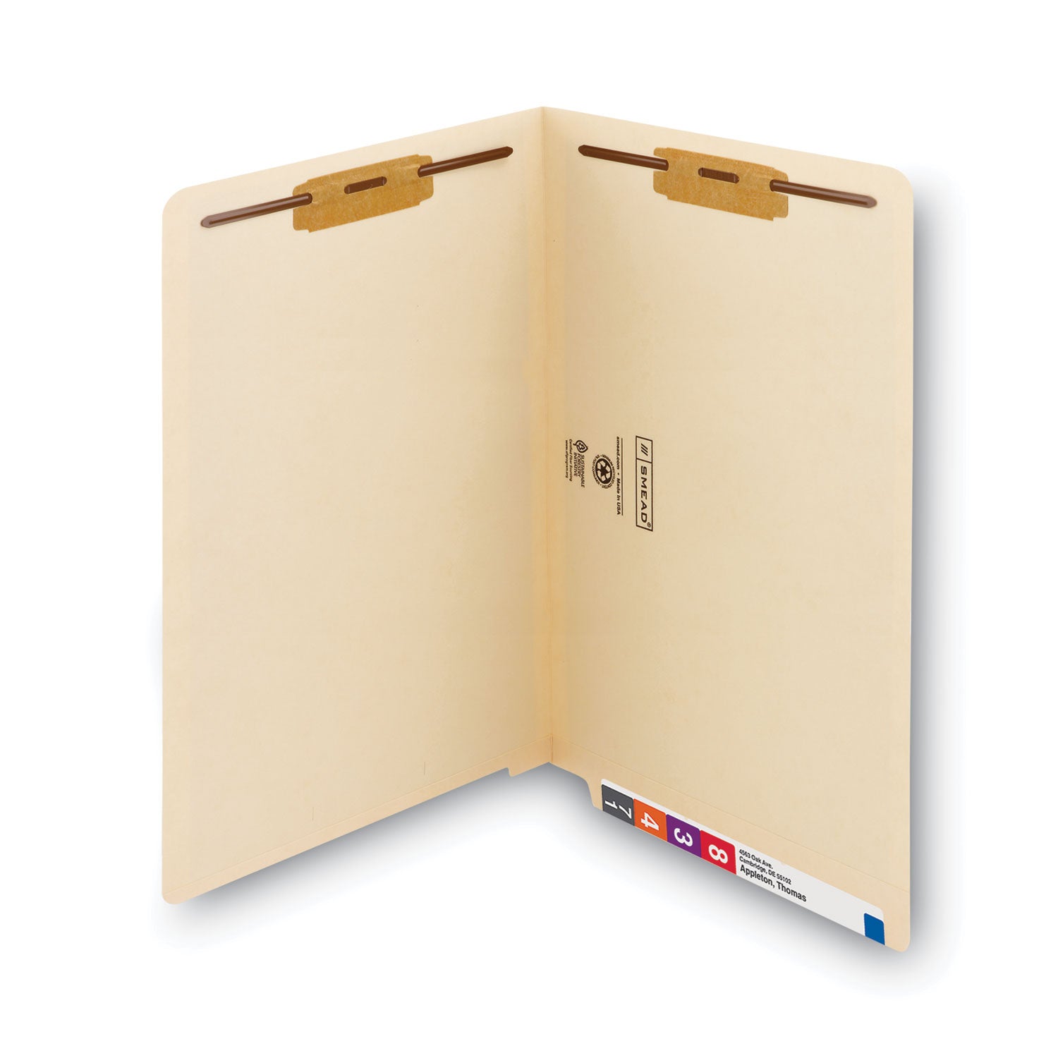 End Tab Fastener Folders with Reinforced Straight Tabs, 11-pt Manila, 2 Fasteners, Legal Size, Manila Exterior, 50/Box - 