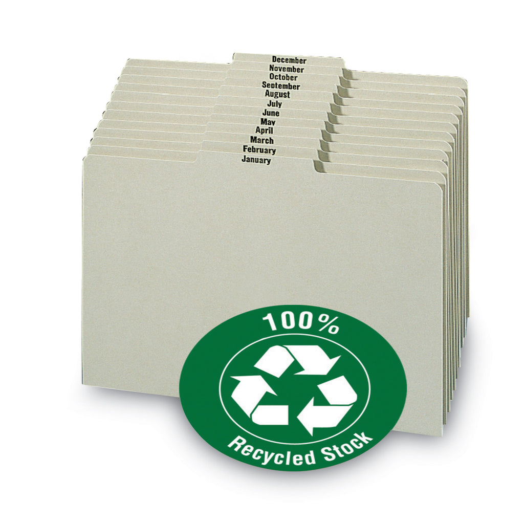 100% Recycled Monthly Top Tab File Guide Set, 1/3-Cut Top Tab, January to December, 8.5 x 11, Green, 12/Set - 
