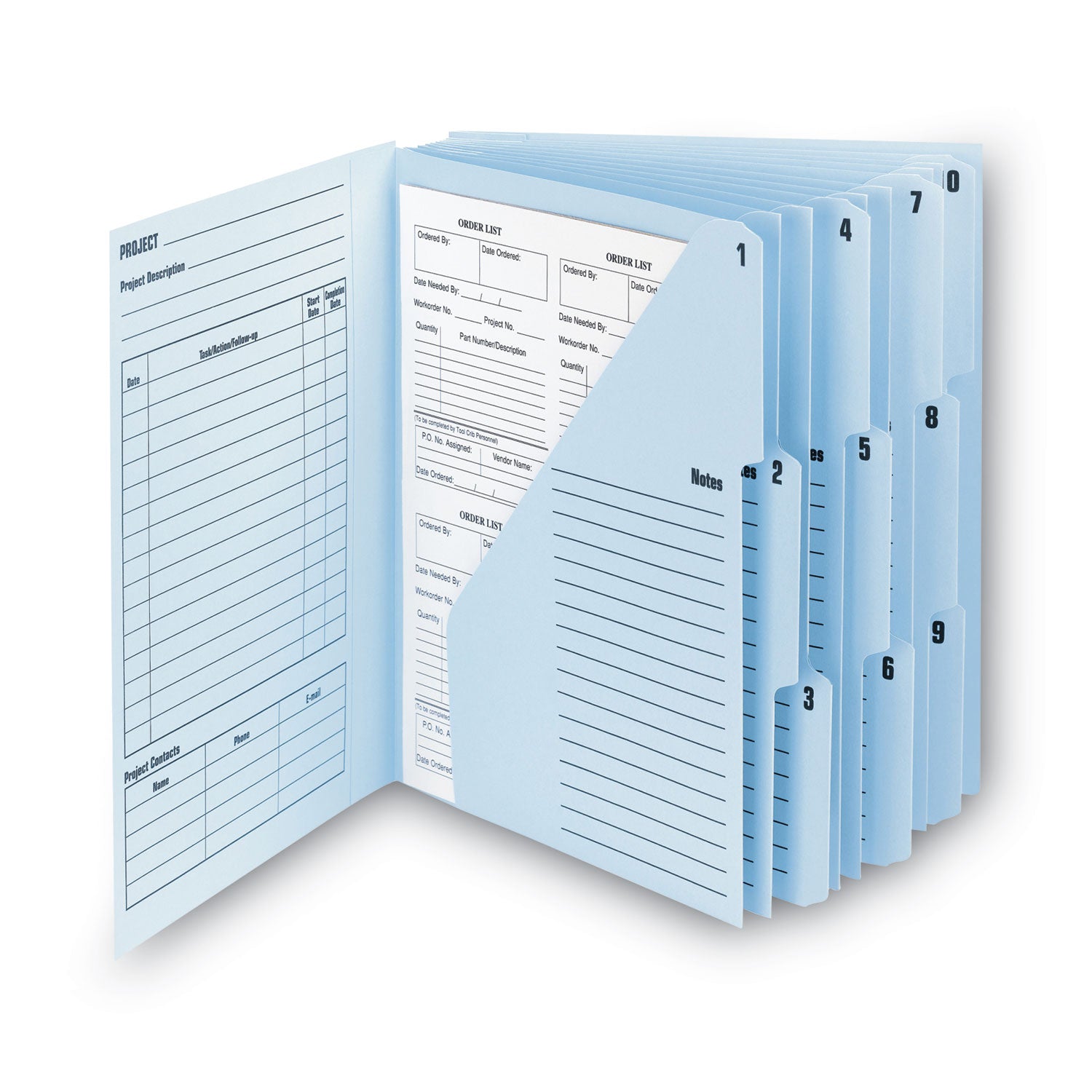 10-Pocket Project Organizer with Indexed Tabs (1-10), 10 Sections, Unpunched, 1/3-Cut Tabs, Letter Size, Lake Blue/Navy Blue - 