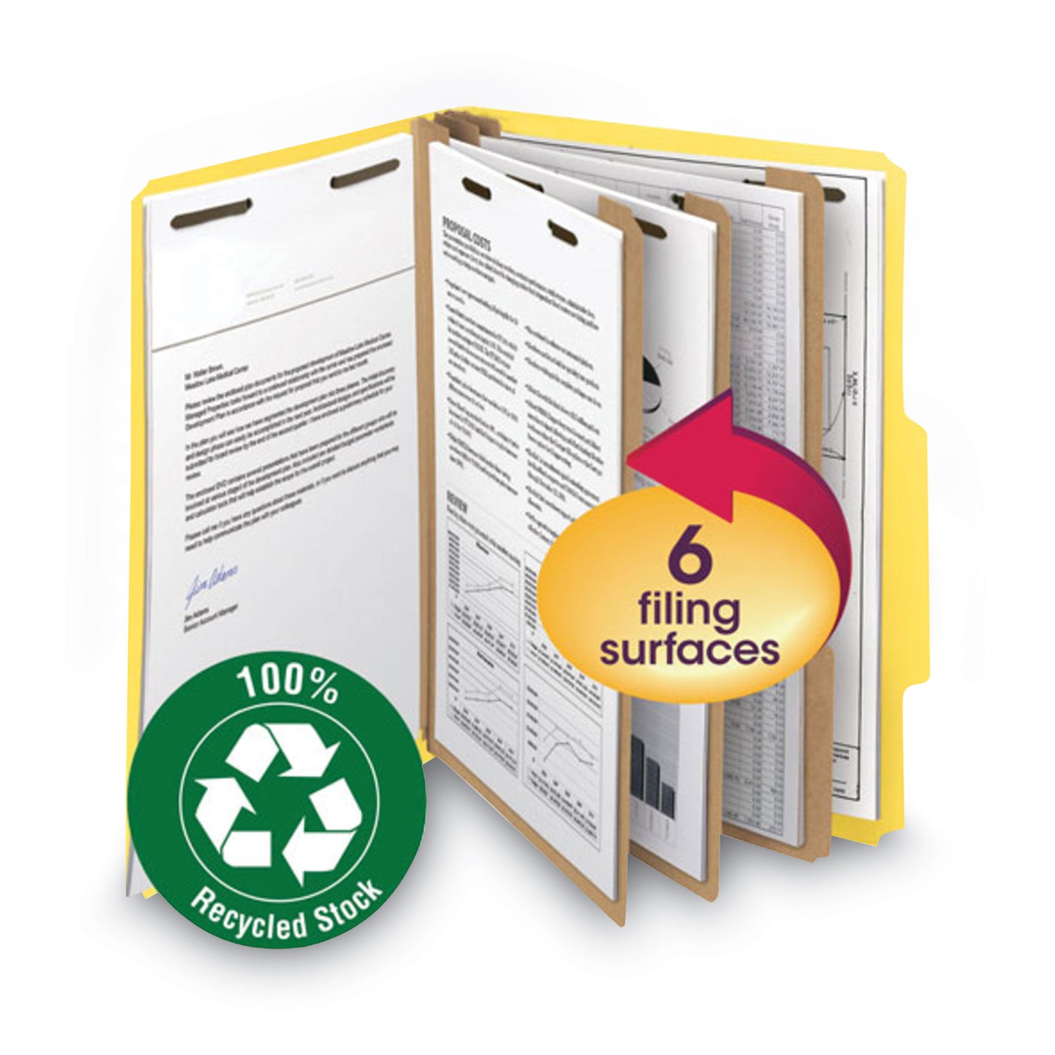 Recycled Pressboard Classification Folders, 2" Expansion, 2 Dividers, 6 Fasteners, Letter Size, Yellow Exterior, 10/Box - 