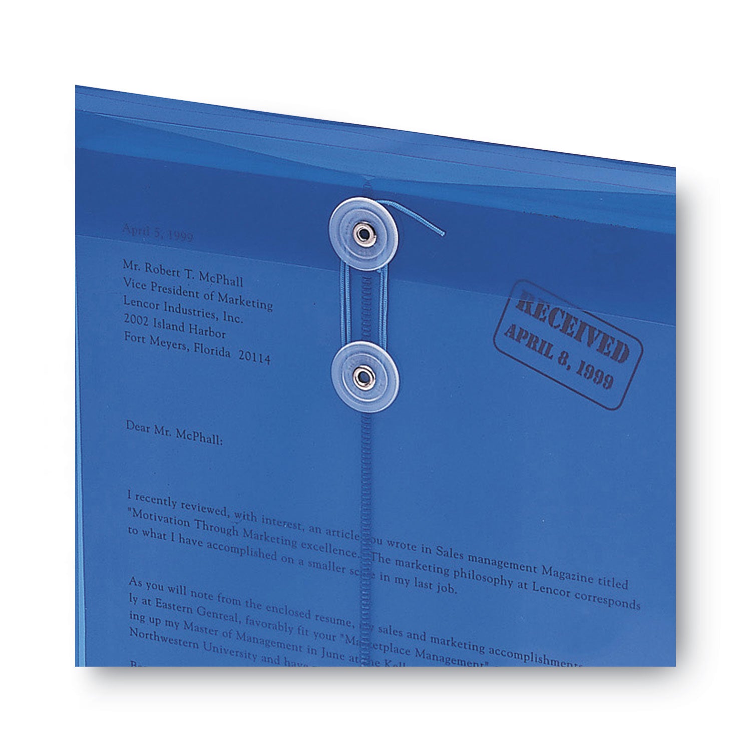 Poly String and Button Interoffice Envelopes, Open-End (Vertical), 9.75 x 11.63, Transparent Blue, 5/Pack - 