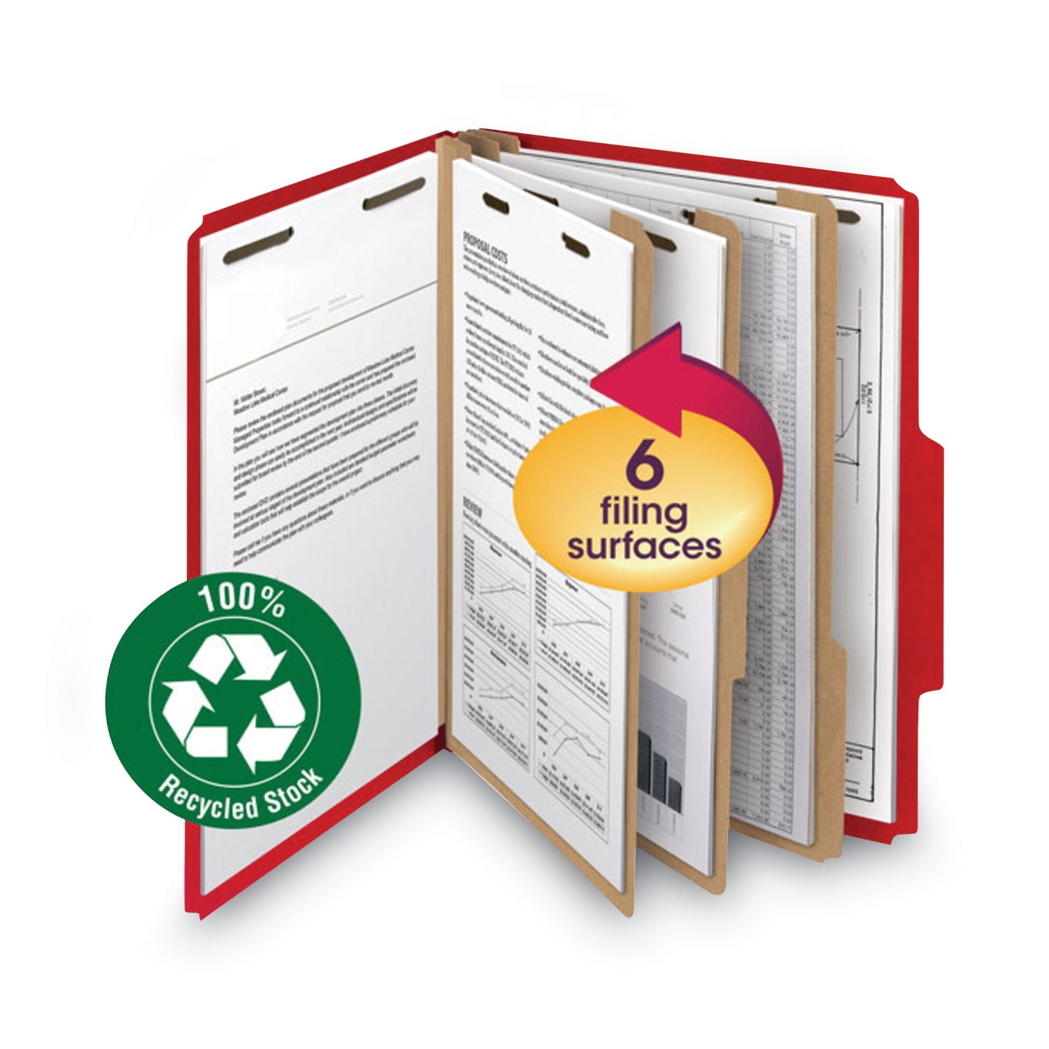 Recycled Pressboard Classification Folders, 2" Expansion, 2 Dividers, 6 Fasteners, Letter Size, Bright Red, 10/Box - 