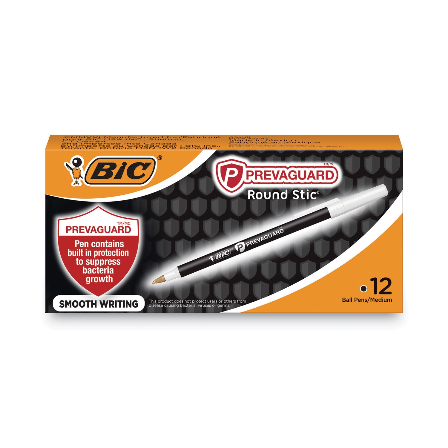 PrevaGuard Round Stic Pen, Stick, Medium 1 mm, Black Ink, Black Barrel, Dozen