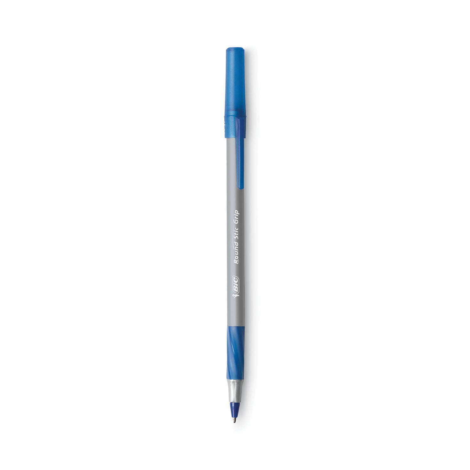 Round Stic Grip Xtra Comfort Ballpoint Pen, Stick, Fine 0.8 mm, Blue Ink, Gray/Blue Barrel, Dozen - 